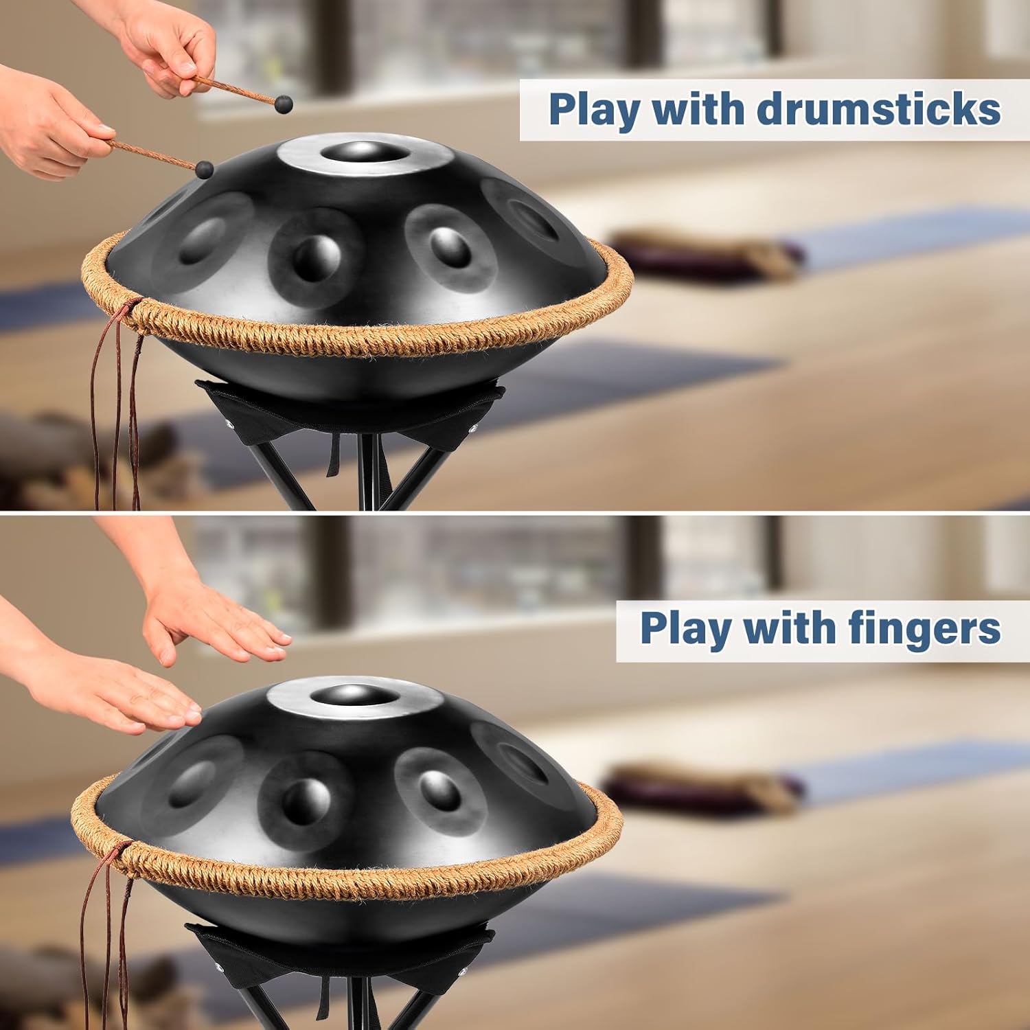 18 Inches G Minor Kurd Handpan Drum,440Hz 9 Notes Hand Drum Instrument,Premium Steel Hand,Handpan Instrument for Adults, Pan with Storage Bag,Mallet,Braid,Stand,Black