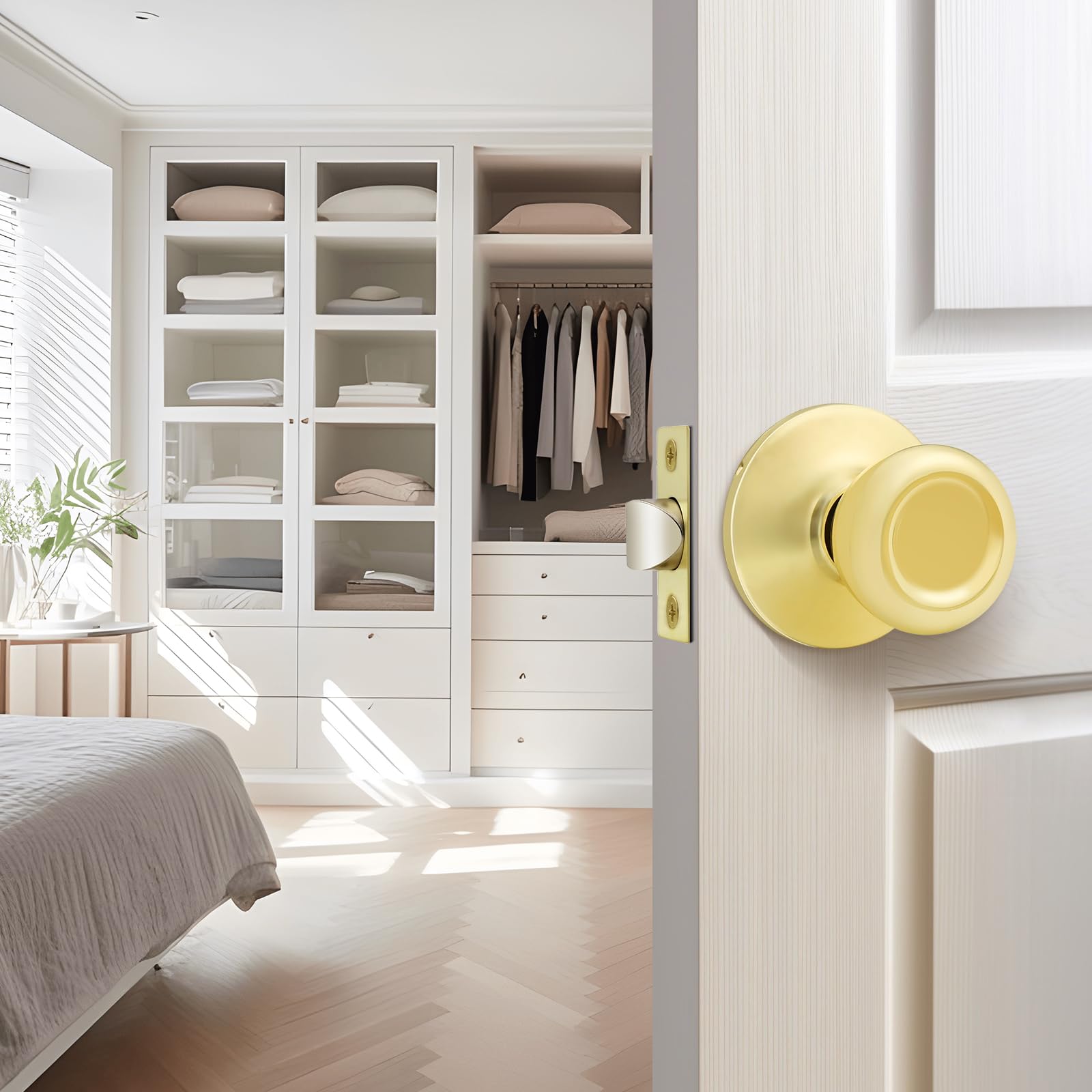 GOBEKOR Passage Door Knobs - 2 Pack Polished Brass -6