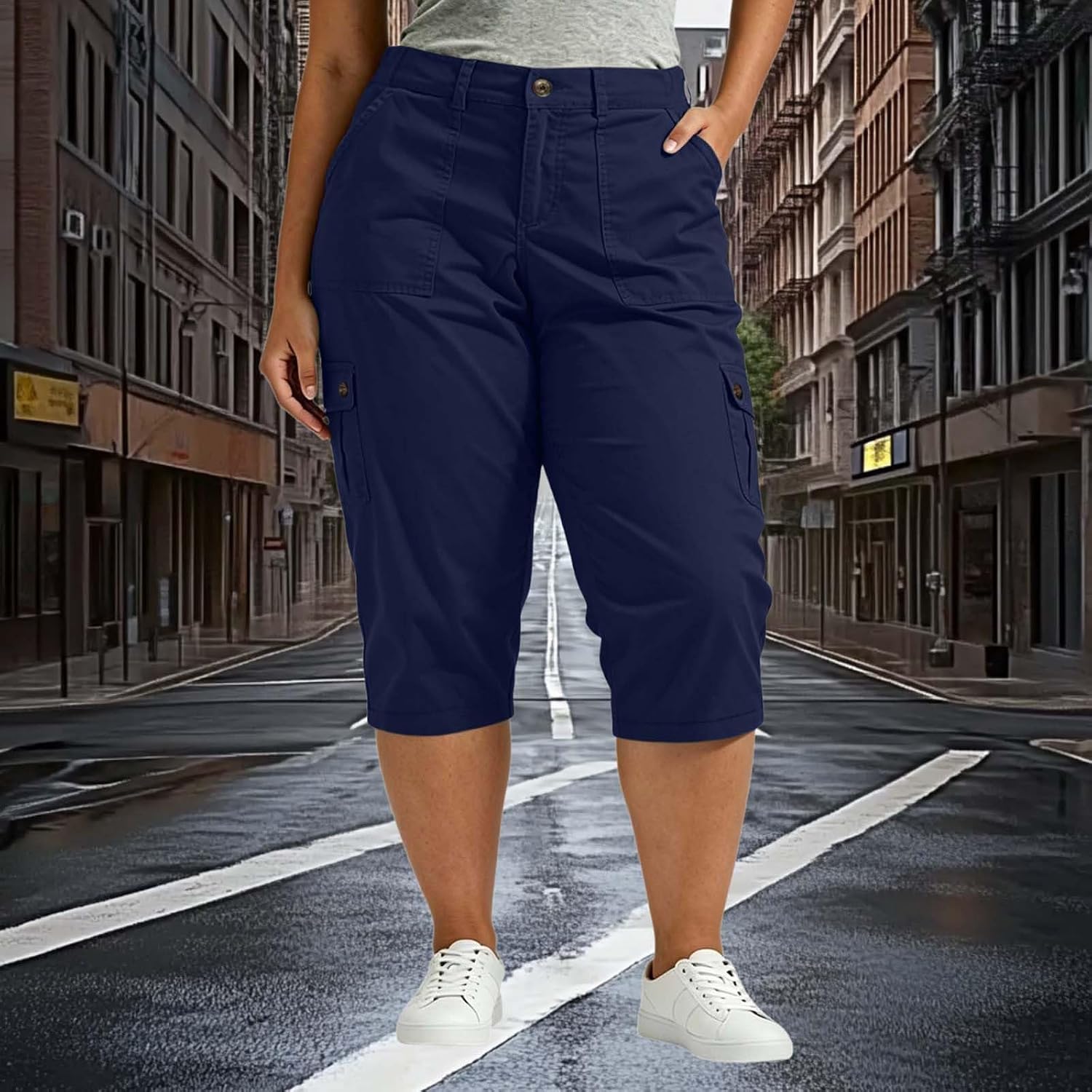 Plus Size Cargo Capris for Women High Waisted Pant Elastic Back Casual Outdoor Hiking Cropped Pants with Pockets