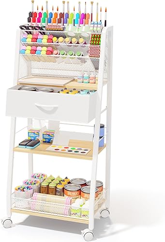Miniatura 9 de Carro rodante de 3 niveles - Carro utilitario de metal con cajón de almacenamiento y ruedas, organizador versátil para arte y manualidades para el