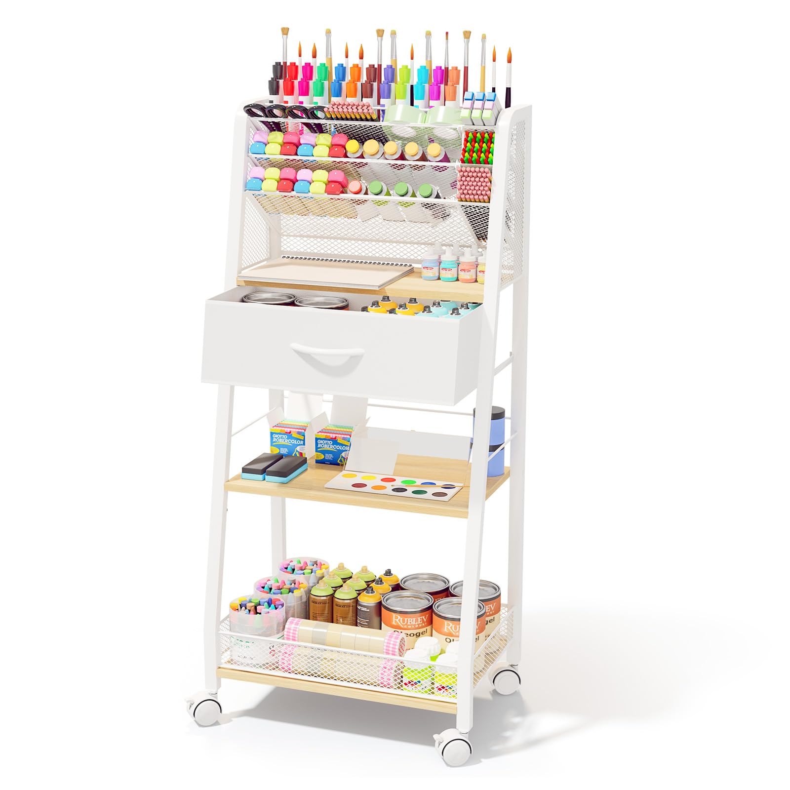 Homsorout 3 Tier Rolling Cart - Metal Utility Cart with Storage Drawer and Wheels, Versatile Art & Craft Organizer for Home, Office, or Studio - Ideal for Storing Brushes, Paints, and Supplies（Maple）