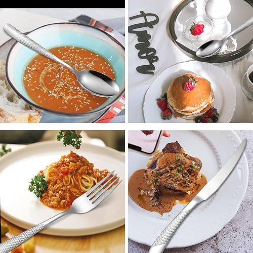Miniatura 2 de Modern Silverware - Juego de cubiertos martillados de acero inoxidable de 20 piezas para 4 personas, incluye tenedores, cucharas, Kinves, utensilios