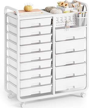 SYKIARIOL 14 Drawer Rolling Cart with Tabletop & DIY Pegboard, Storage Cart with Wheels, Classroom Organizers Utility Cart for Office Home School, Art Supplies, Mobile Craft Organizer, White