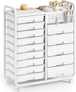 Carrito organizador de manualidades de 14 cajones con tablero de clavijas y cesta colgante y 4 ganchos para oficina, hogar, aula escolar, suministros de arte, carrito organizador de