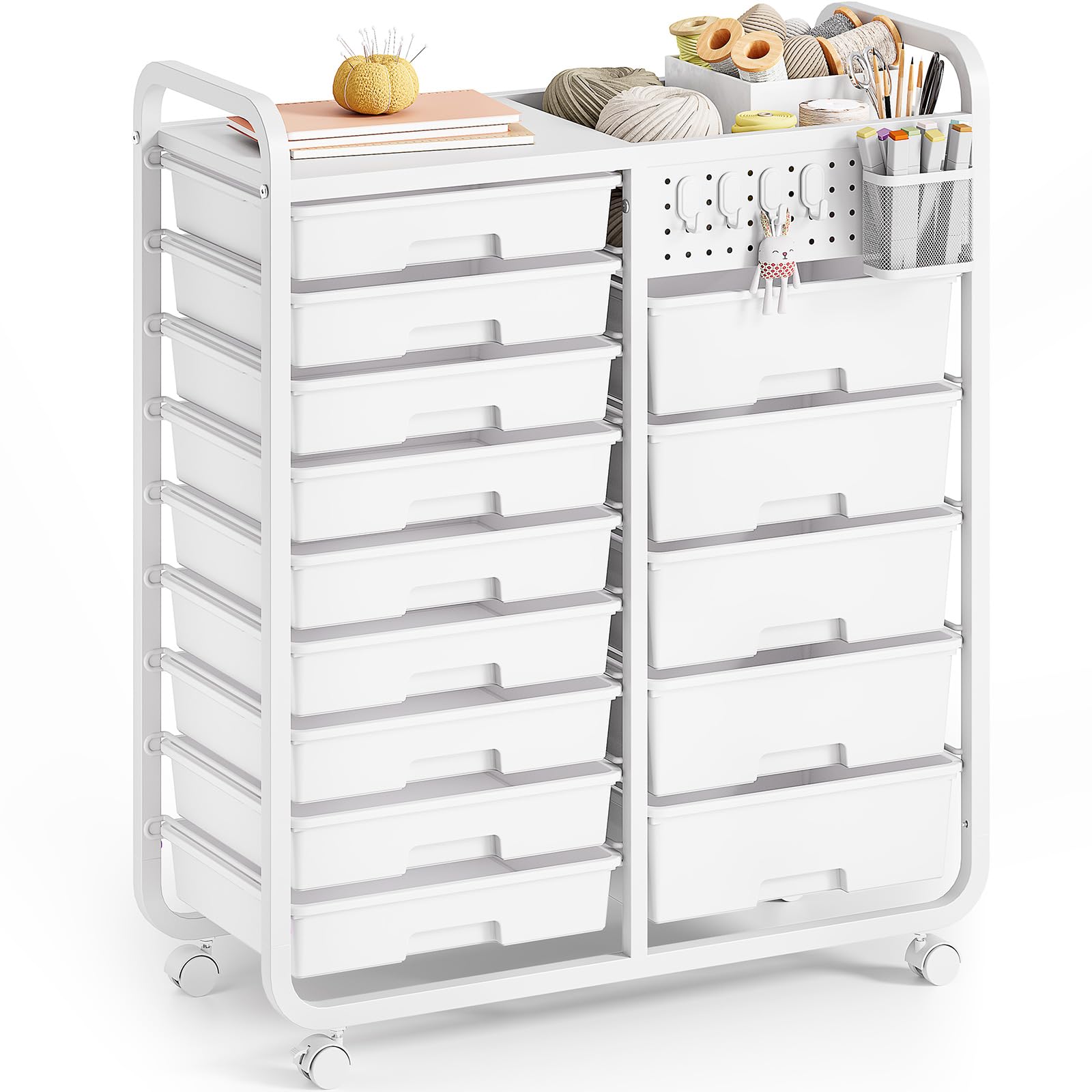 SYKIARIOL 14 Drawer Rolling Cart with Tabletop & DIY Pegboard, Storage Cart with Wheels, Classroom Organizers Utility Cart for Office Home School, Art Supplies, Mobile Craft Organizer, White