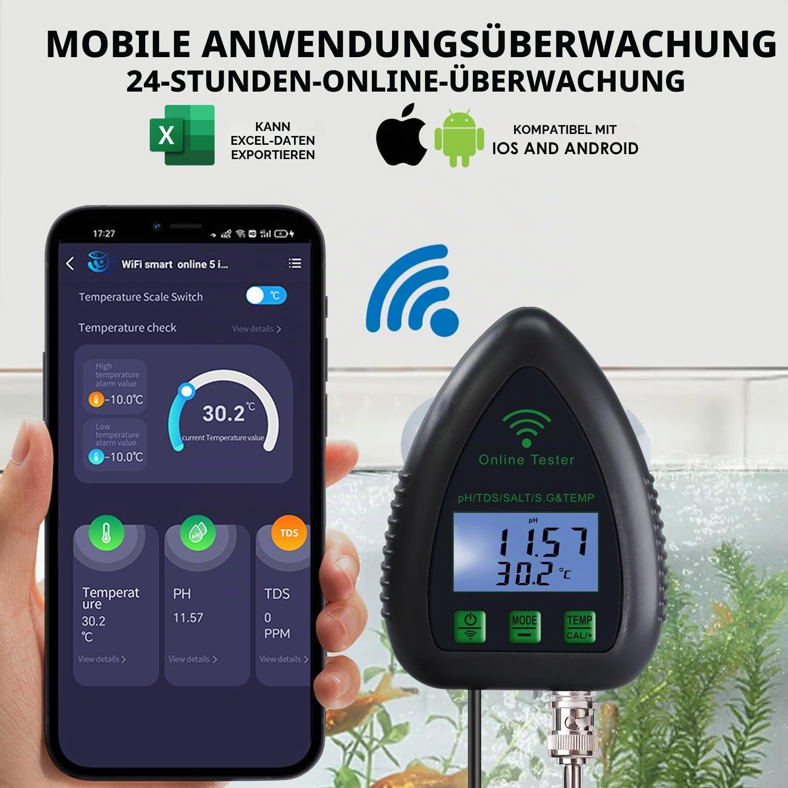 5-in-1 WiFi pH Monitor, Wassergüteprüfer, pH/S.G/TDS/Salz/Temperatur 24/7 Online-Hydroponiküberwachung mit Datenprotokollierung und Alarm für Aquarium, Fischteich, Salzwasserpool