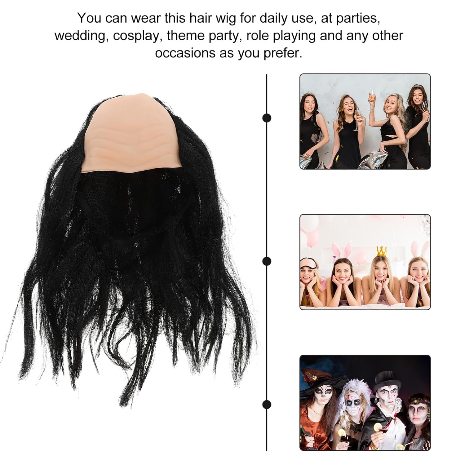Abaodam Funny Bald Costume Wig Black Halloween Cosplay Accessory for Men and Women Party Dress-Up Hairpiece