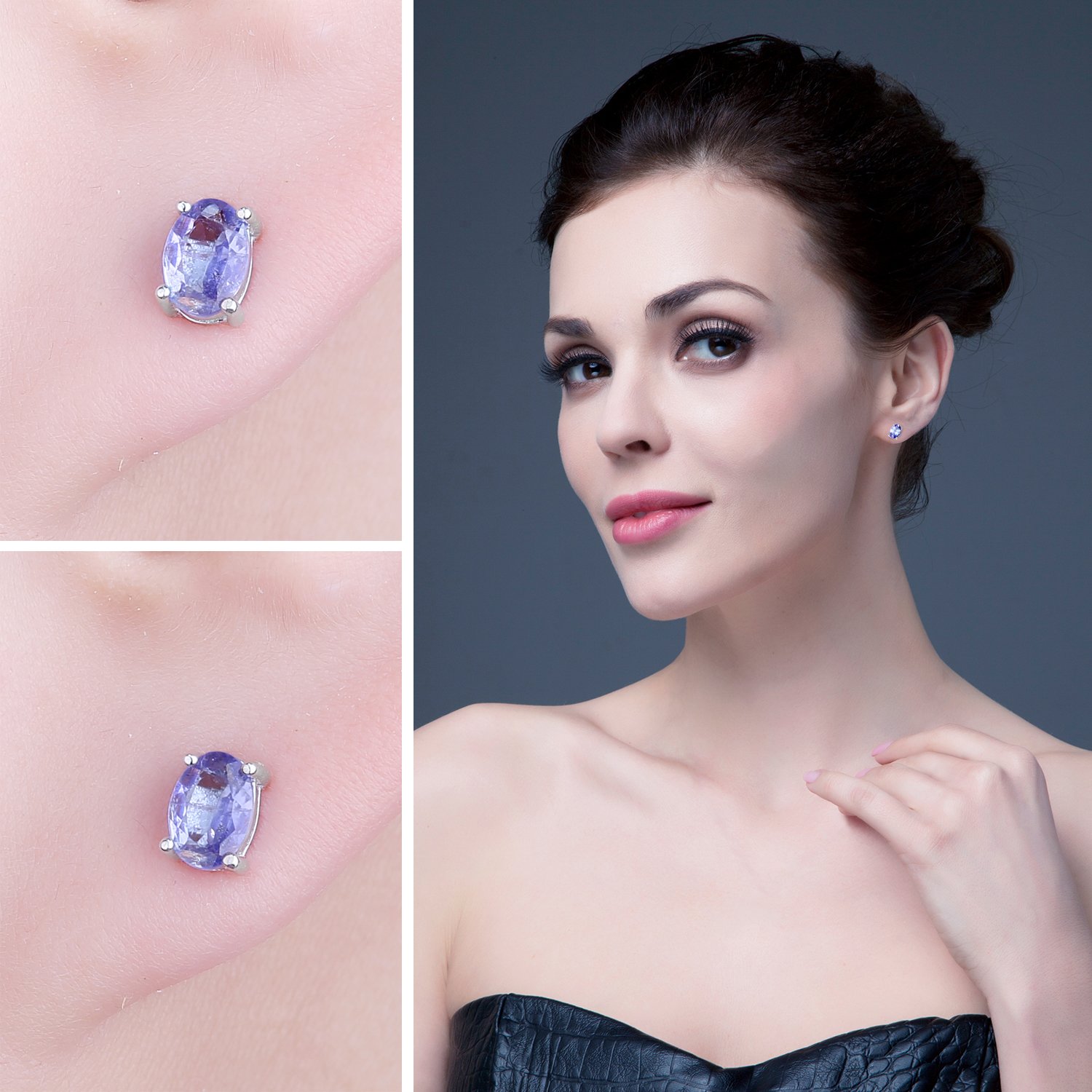 JewelryPalace 1ct Orecchini a Bottone Donna Argento 925 con Natural Tanzanite Blu, Piercing Orecchini Dorati a Lobo Donna in Oro con Pietra Ovale, Orecchini Piccoli Stud in Oro Rosa Set Gioielli Donna