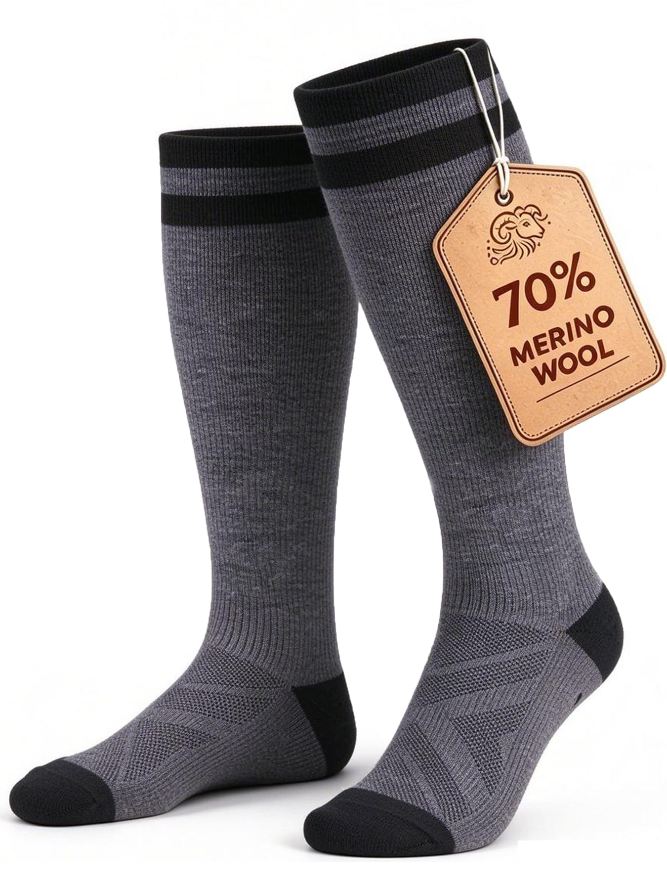 70% Merino Wool Compression Knee High Socks For Women Men, 15-20 mmHg