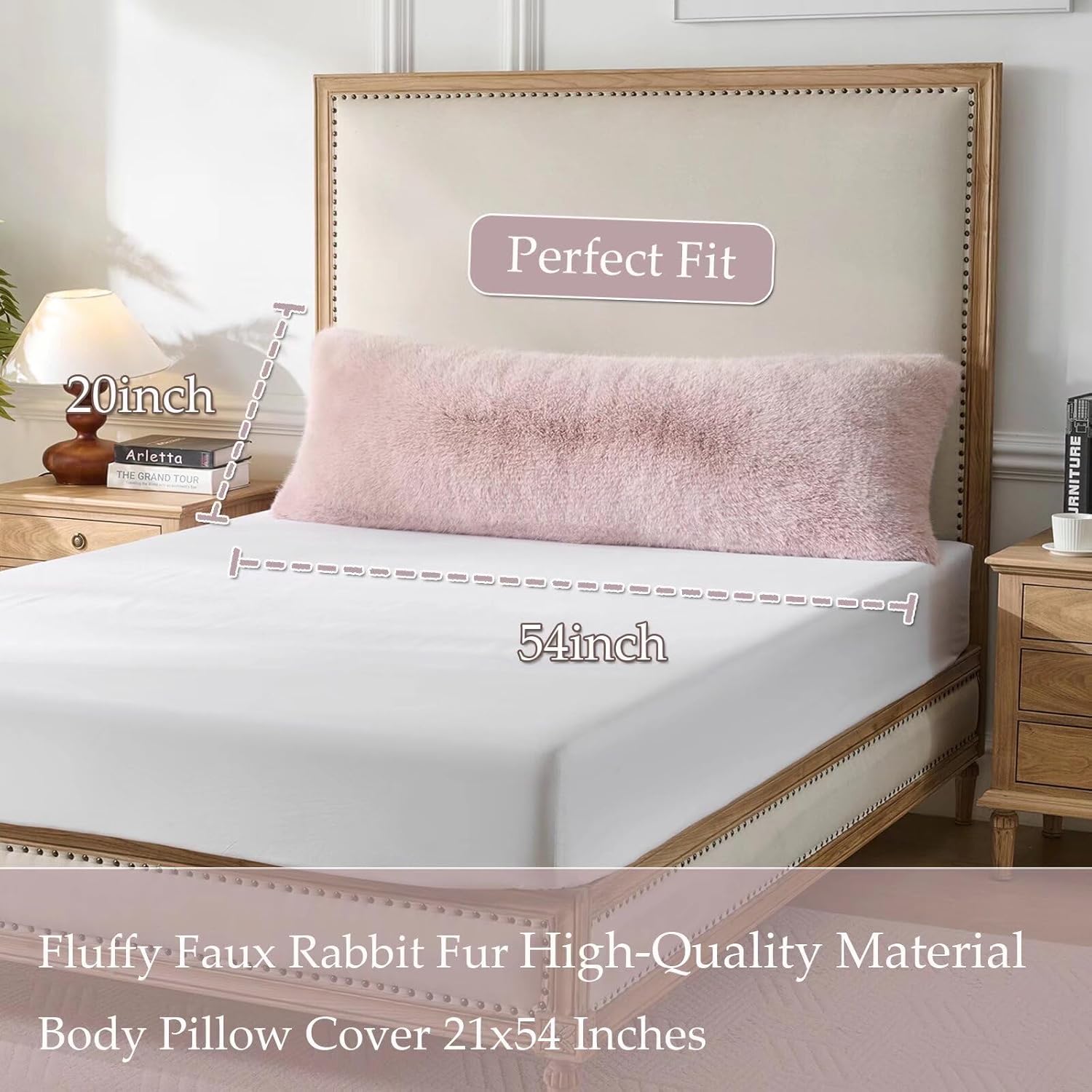 20x54 inch Luxury Fluffy Body Pillow Cover(No Filling),Shaggy Furry Body Pillowcase with Zipper,Soft Decorative Plush Full Long Pillow Cover for Pregnant Women Side Sleeper-Pink