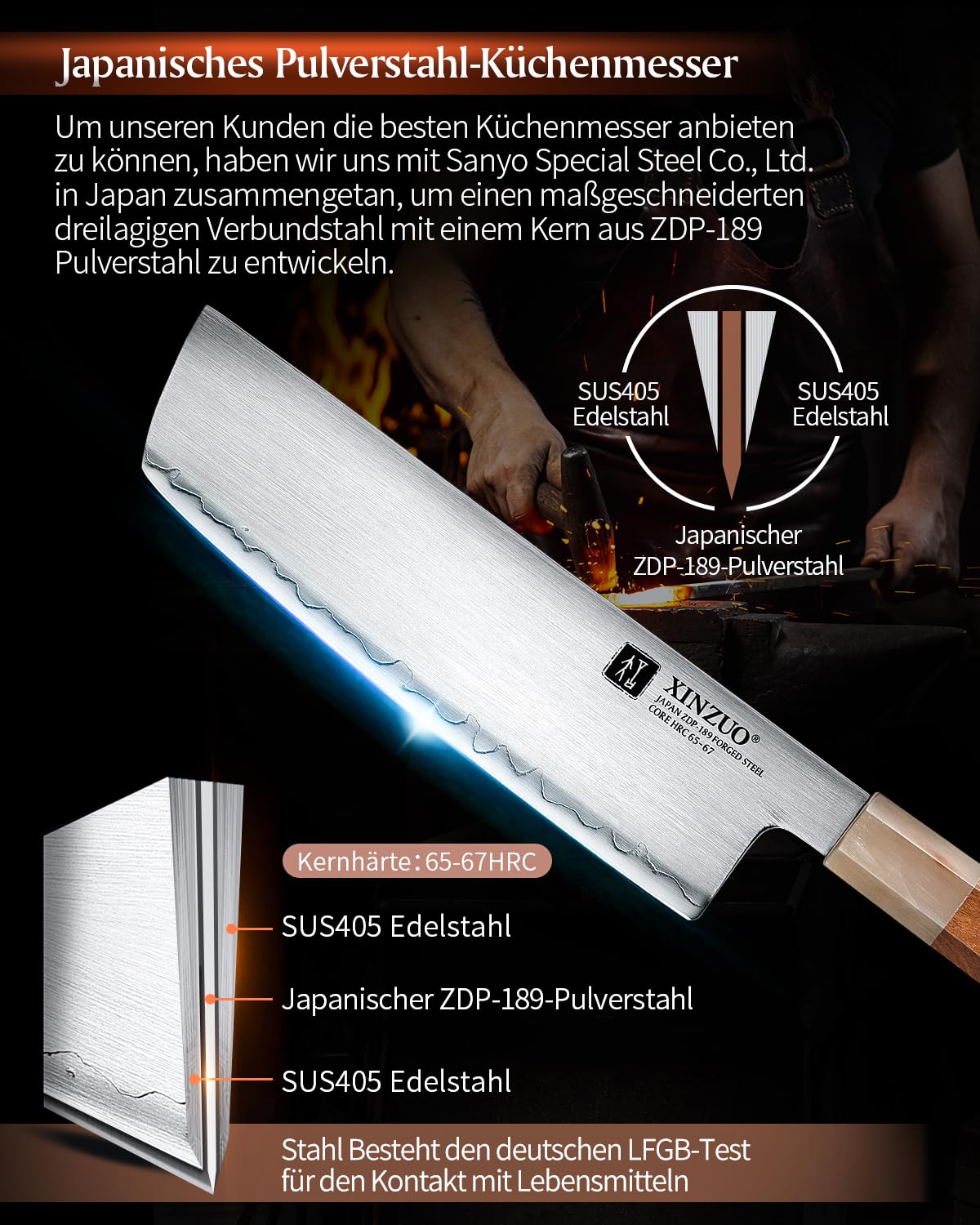 XINZUO Japanisches Stahl Nakirimesser 18.3cm Küchenmesser, Handgeschmiedet Kochmesser Japanisches ZDP-189-Pulverstahl Scharfe Klinge Chefmesser -Nordamerika Desert Iron Wood Griff -mit Geschenkbox