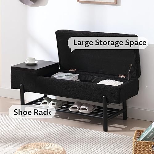 Miniatura 18 de Banco de almacenamiento tapizado para dormitorio, extremo de la cama, banco otomano de lino beige con asiento acolchado, banco de madera moderno