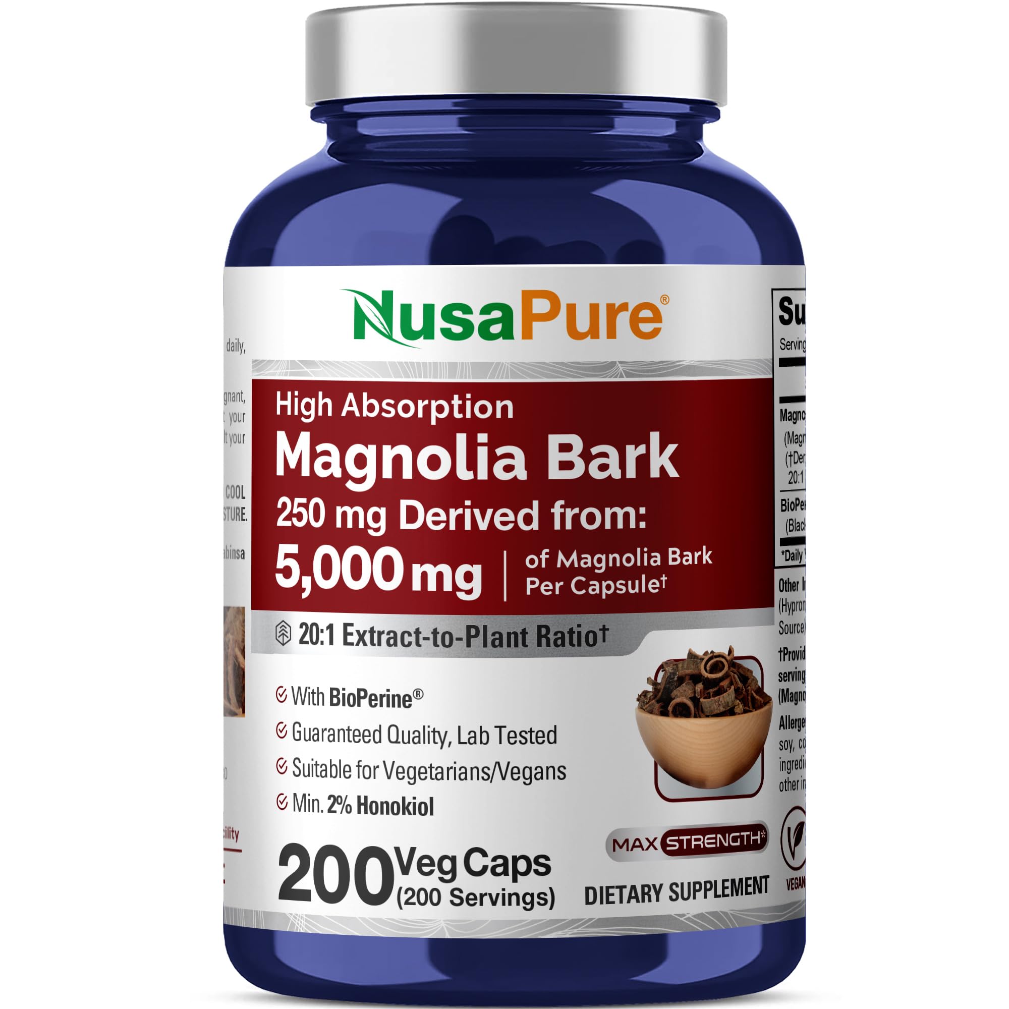 Magnolia Bark 20:1 Extract, 250 mg Equivalent to 5,000 mg 200 Vegan Vegetarian Capsules Non-GMO