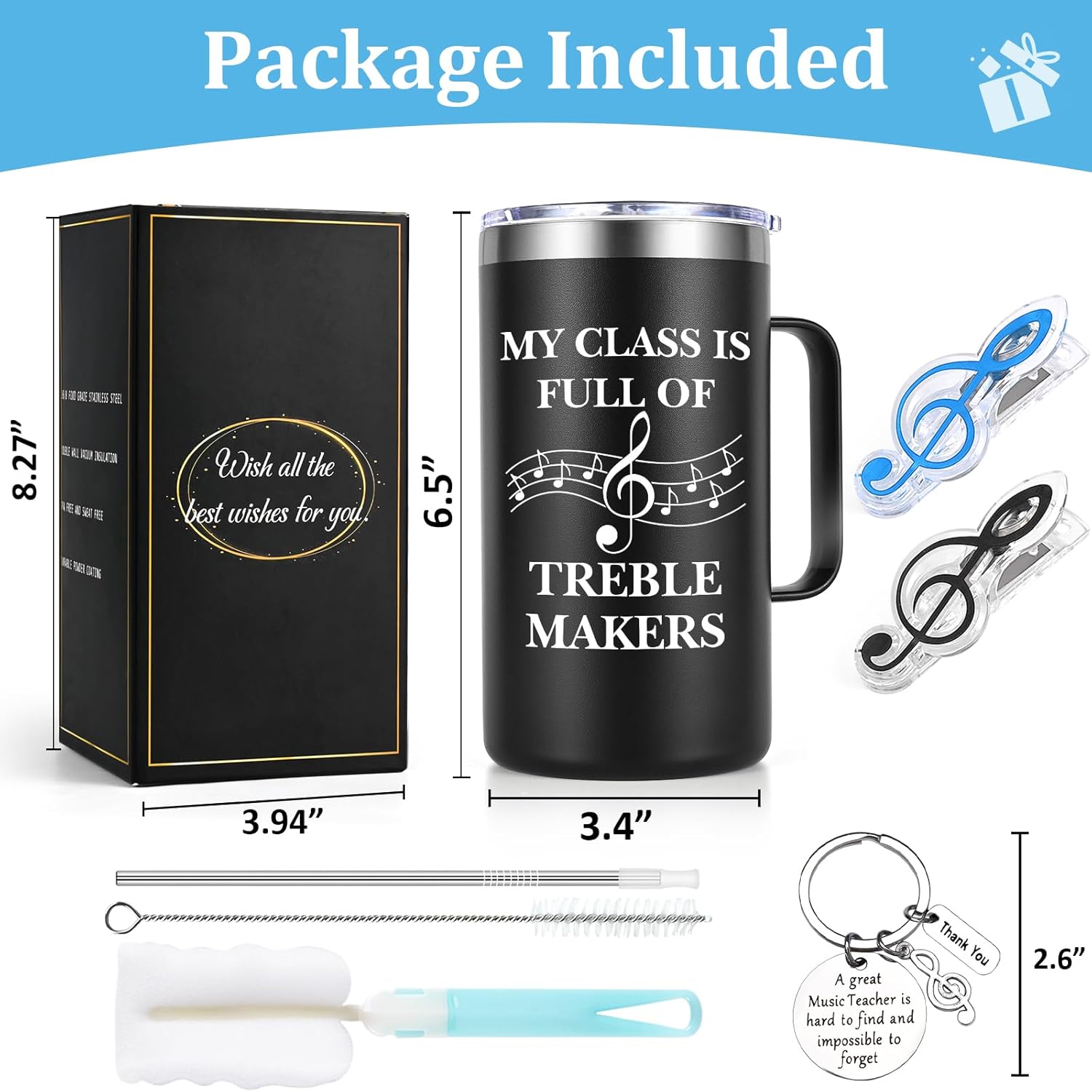 Lifecapido Music Teacher Gifts, My Class Is Full of Treble Makers 20oz Coffee Mug with Keychain Musical Note Clip, Birthday Christmas Music Teacher Appreciation Gifts for Men, Black - Image 7