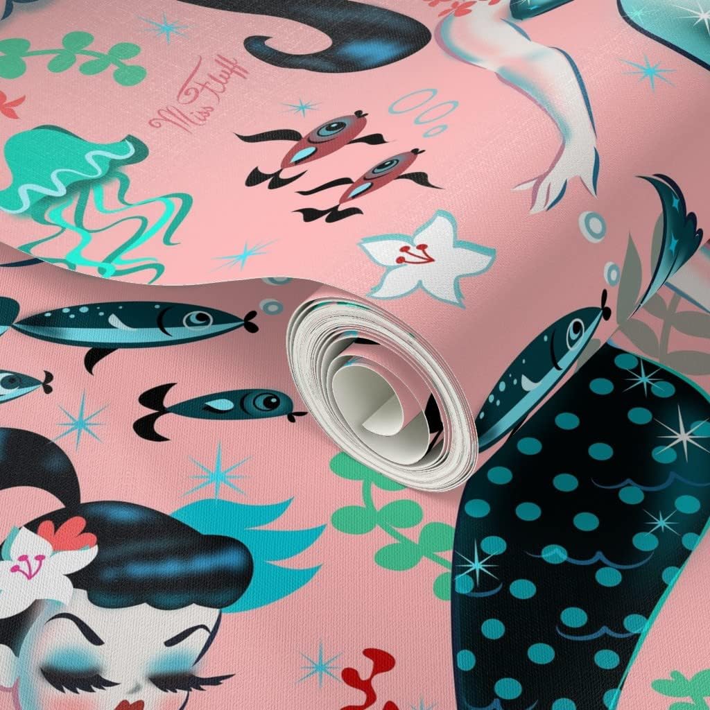 Spoonflower Peel & Stick Wallpaper 3ft x 2ft - Martini Mermaids Coral Vintage Mermaid Retro Nautical Mid Century Ocean Princess Custom Removable Wallpaper