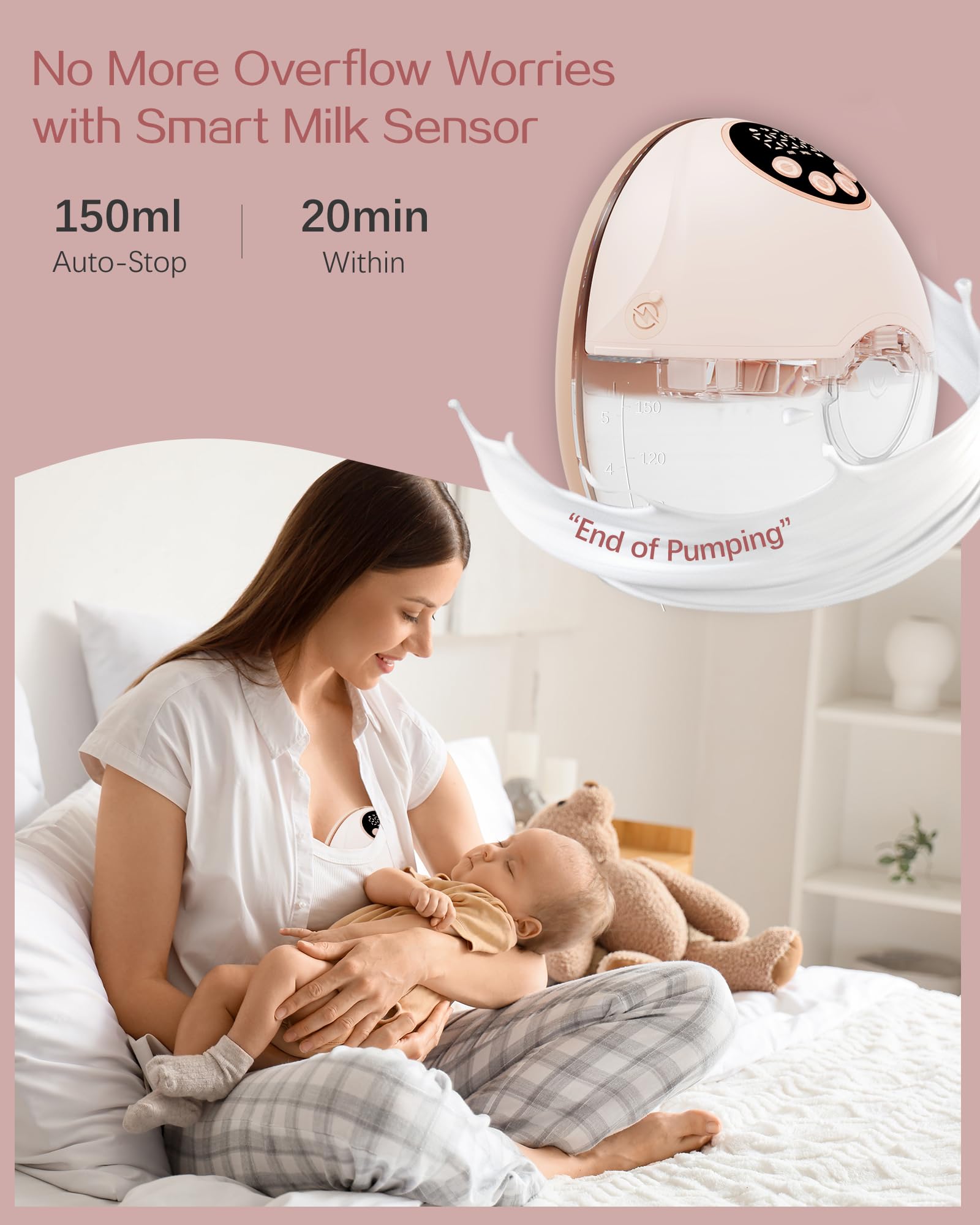Heated Wearable Breast Pump, Electric Hands-Free Breast Pump with Voice Reminder & Auto-Stop Fuction, 6 Modes/12 Levels Hospital Grade Suction with 3 Flange Sizes, Ultra-Slim for in-Bra Use, 2 Pack