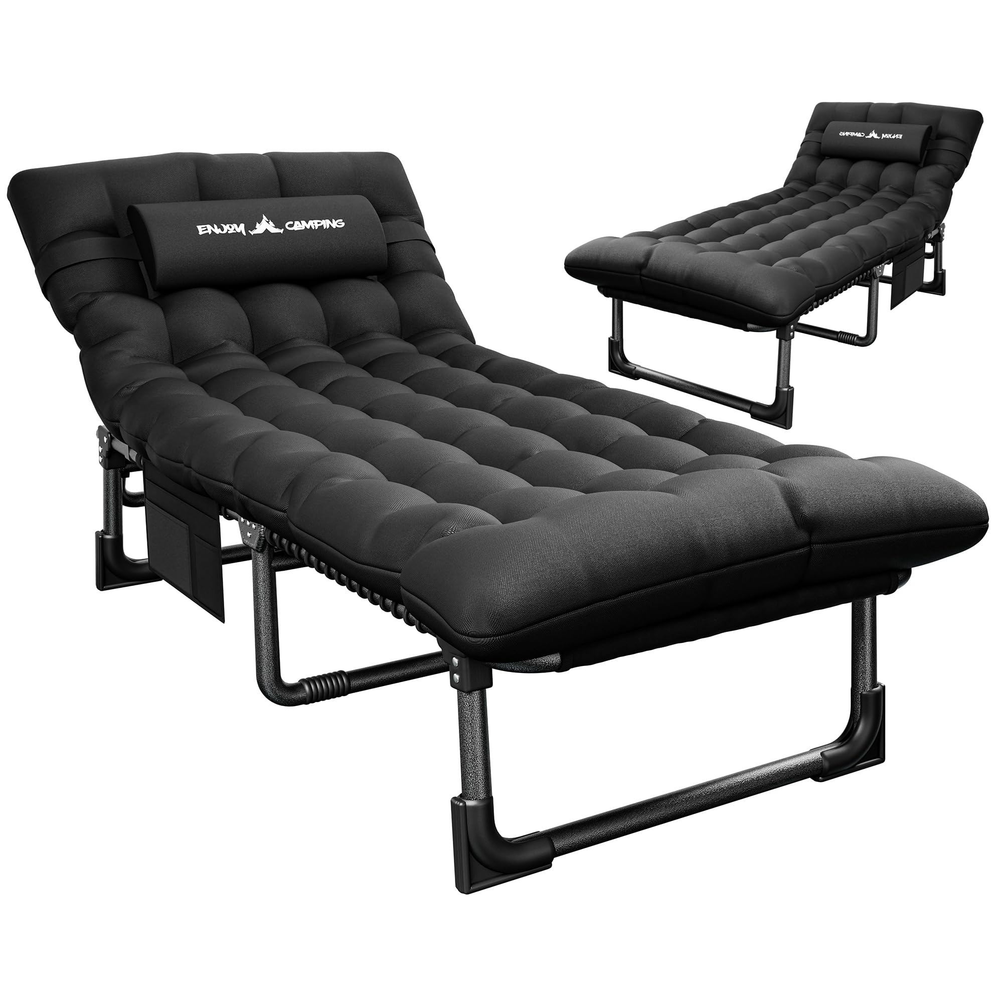 UDPATIO Sun Loungers with Cushion,180KG, Foldable Camp Bed With Adjustable Backrest Headrest, Oversize Garden Lounge Chair With Side Pockets Black|2PCS