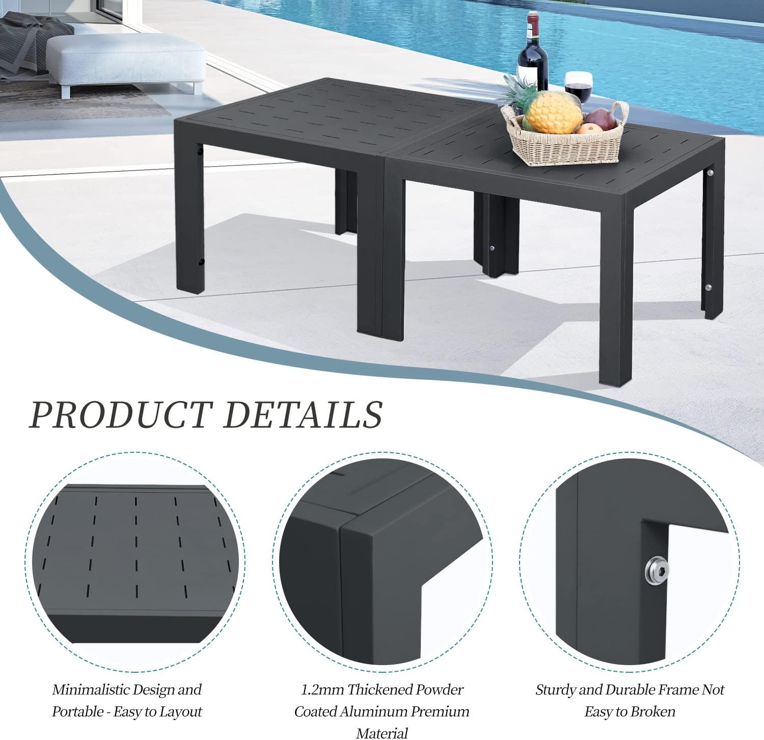 NICESOUL® 2 Pieces Aluminum Tables Side Tables Grey Tea Tables for Outdoor Patio Porch Backyard Furniture Pieces in Pairs Charcoal Grey