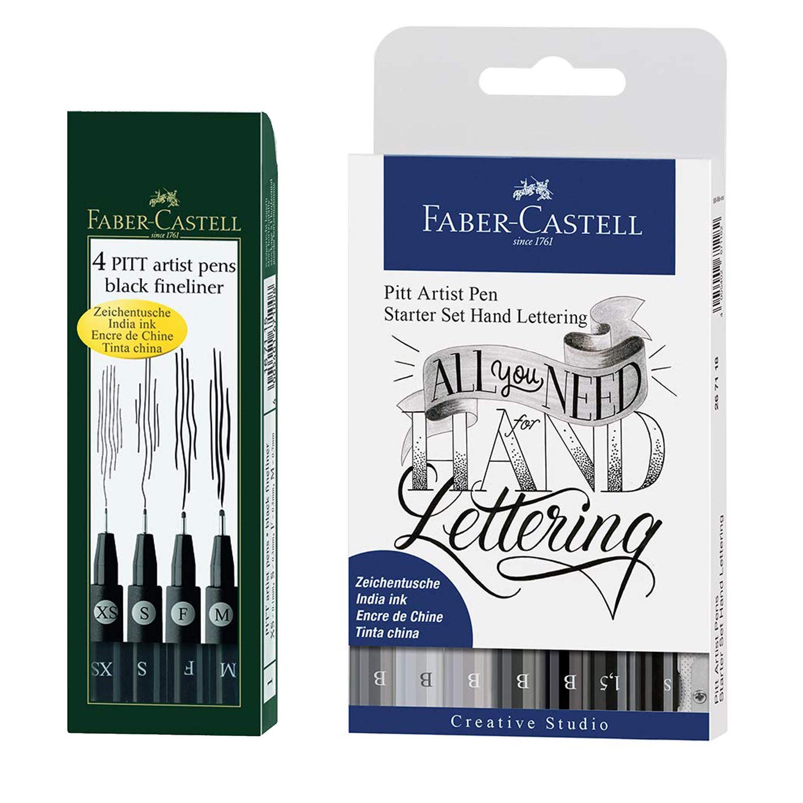 Faber-Castell Tuschestift Pitt Artist Pen 4er Packung, Inhalt: M, F, S, XS, schwarz inkl. 8er Hand Lettering