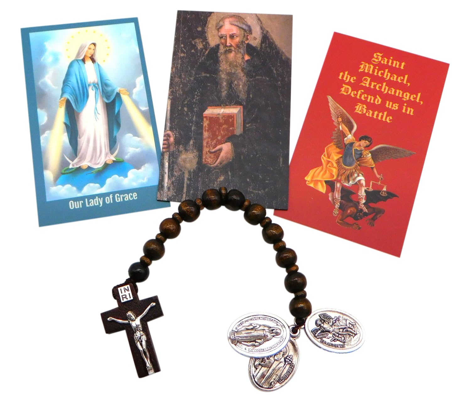 Westmon Works Catholic Rosary Chaplet Set Wooden Prayer Beads Metal Charms of Saint Michael St Benedict and Our Lady of Grace with Three Holy Cards