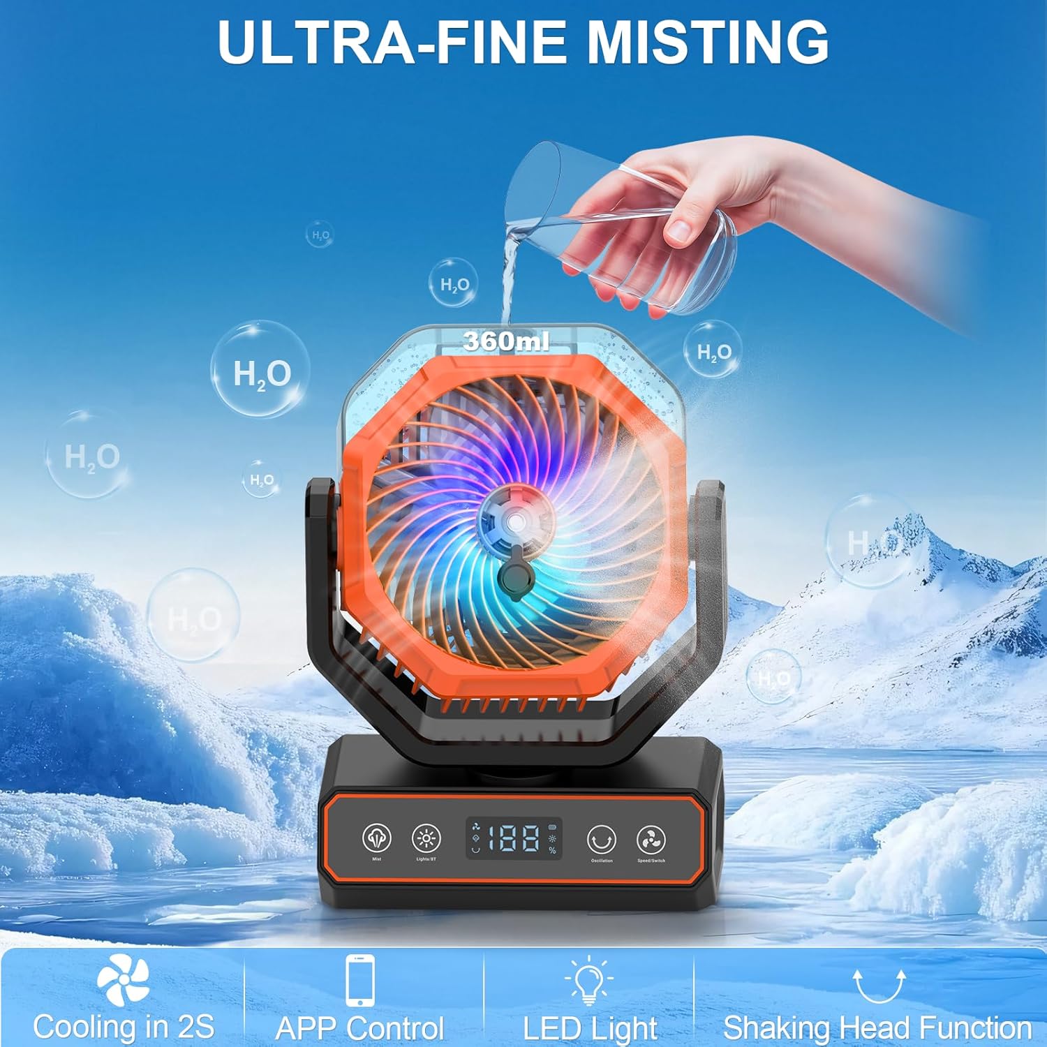Rechargeable Rotating Misting Fan - Long Runtime Camping Fan w. 360mL Water Tank, RGB Color Changing Lights, USB Charger Output & Hanging Hook | Indoor Outdoor Cooling for Patio, Tent, Garden, Bedroom