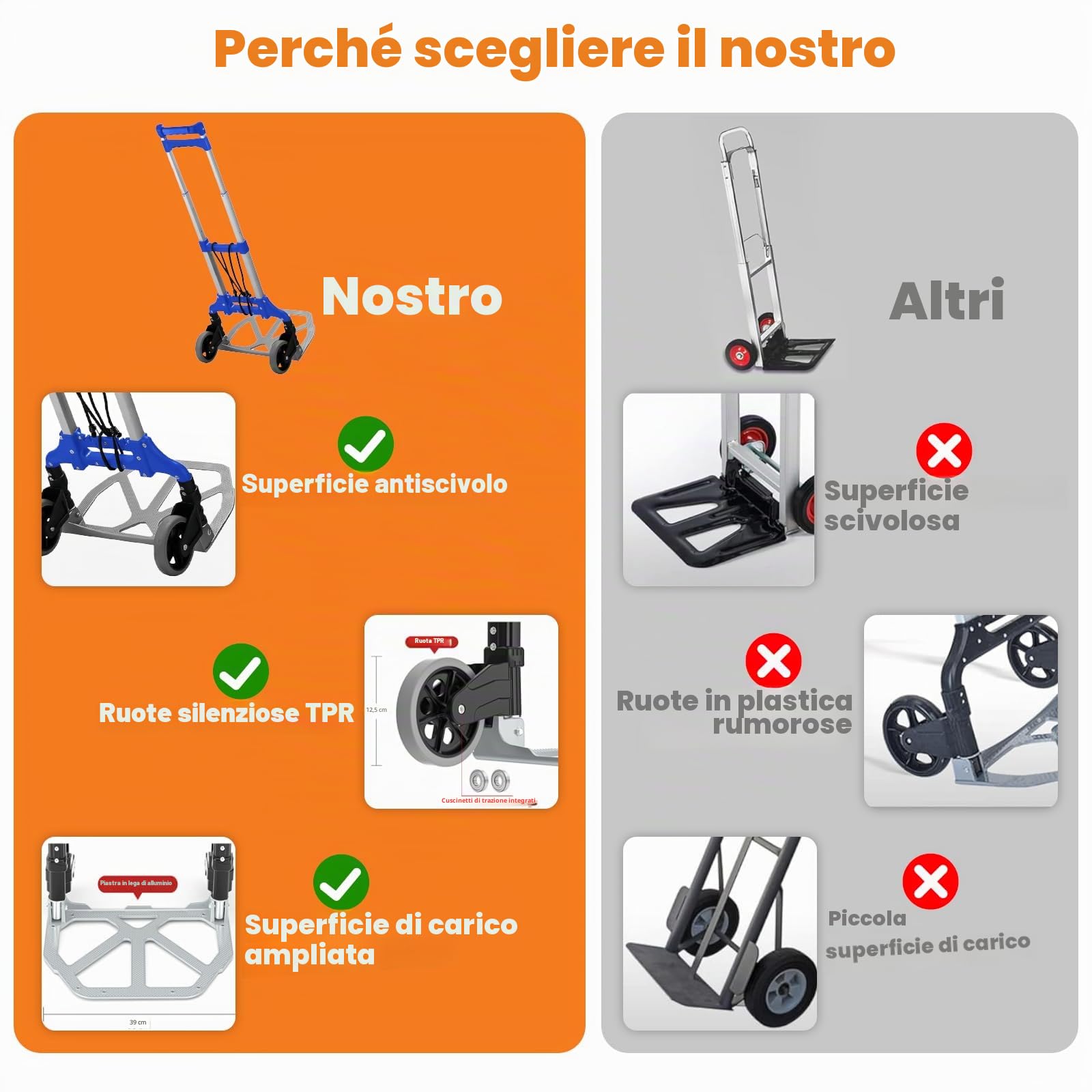 MAXBROTHERS Carrello di Trasporto Pieghevole in Alluminio, con Manico Telescopico 100cm, Ampio Vassoio Antiscivolo, Portata 165lb, 2 Ruote in TPR. Include 1 Cavo Retrattile