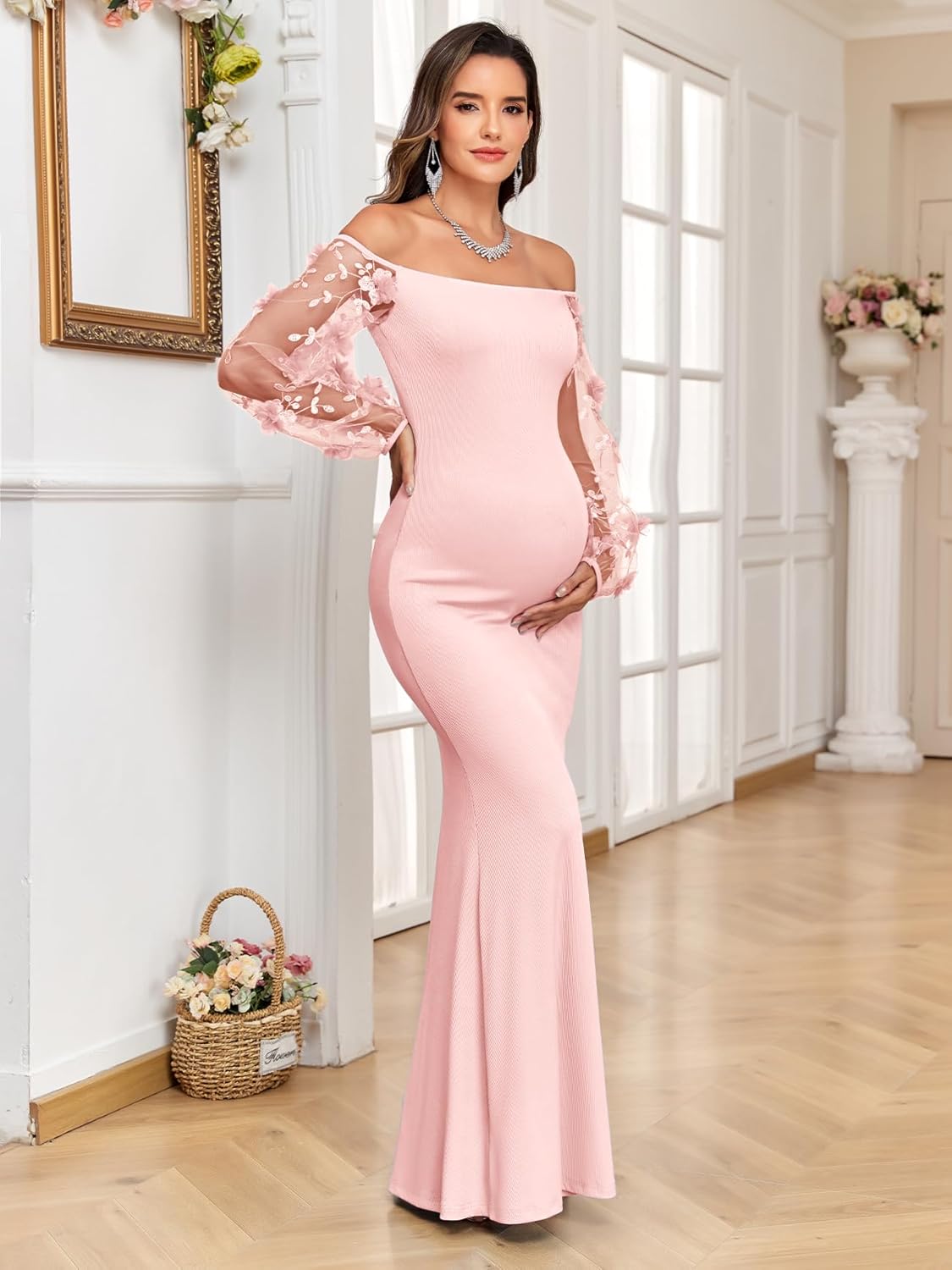 CYCLAMEN Off-Shoulder Maternity Evening Gown 3D Floral Mesh Sleeves Formal Mermaid Maxi Dress for Baby Shower Photoshoot
