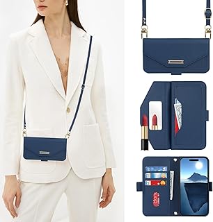 【Hamany】 対応 iphone 16 ケース 手帳型 ショルダー 鏡 あいふおん16ケース ストラップ付き ミラー カード収納 財布 スマホケース iphone 16 クロスボディケース 肩がけ 首掛け 斜め掛け 耐衝撃 レザー カバー -青