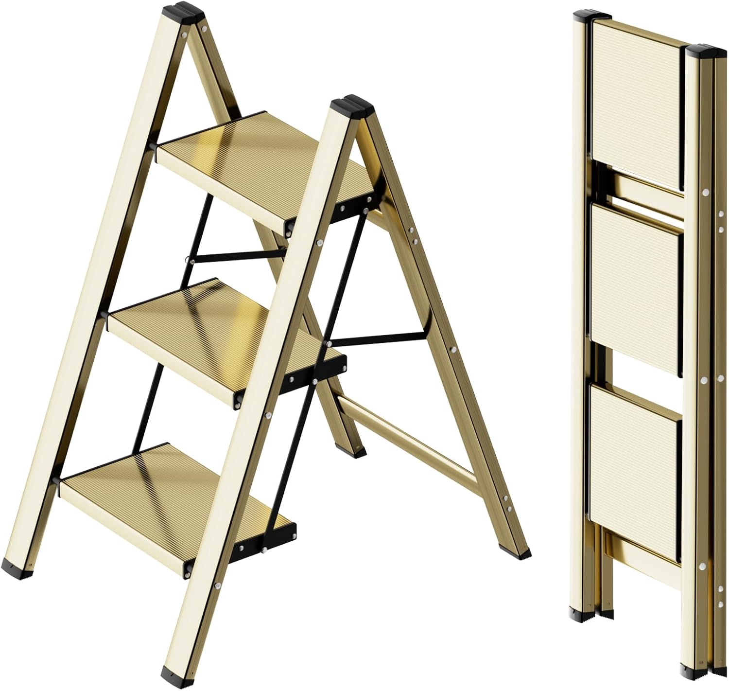 3 Step Ladder, Anti-Slip and Lightweight Foldable Step Ladder for Adults & Kids to Use in Kitchen,Closet and Library,300lbs(Gold) Gold 3 Step