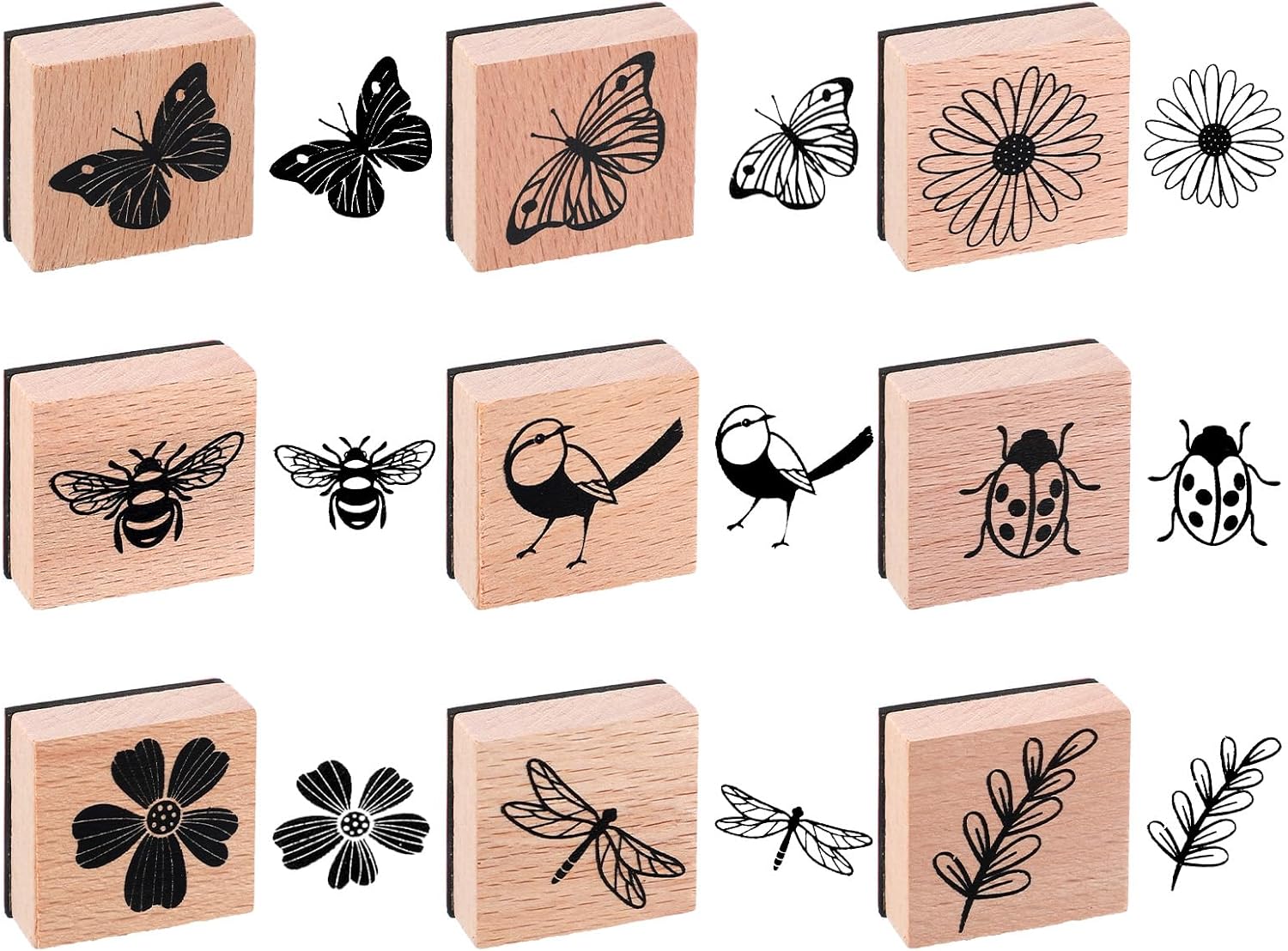 9 PCS Vintage Wooden Rubber Stamps, Butterfly Bird Ladybird Flower and Plant Nature Stamps Retro Decorative Mounted Wooden Rubber Stamp Set for Scrapbooking DIY Art Journals