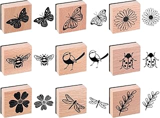 9 PCS Vintage Wooden Rubber Stamps, Butterfly Bird Ladybird Flower and Plant Nature Stamps Retro Decorative Mounted Wooden Rubber Stamp Set for Scrapbooking DIY Art Journals