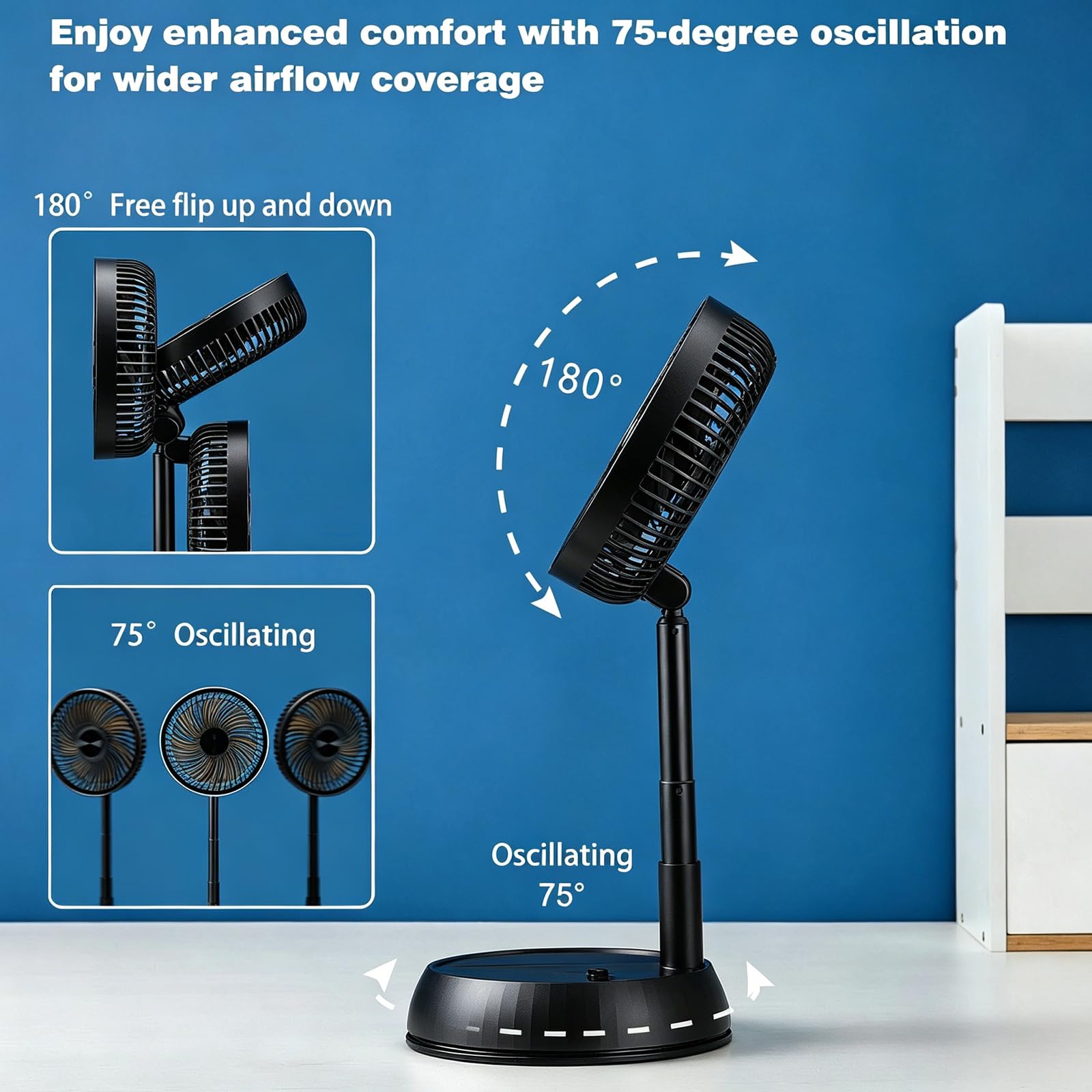 Ventilador de pie oscilante portátil, ventilador de pie plegable de 8 pulgadas, batería recargable de 7200 mAh, ventilador de mesa USB, altura ajustable, 4 velocidades, silencioso, con
