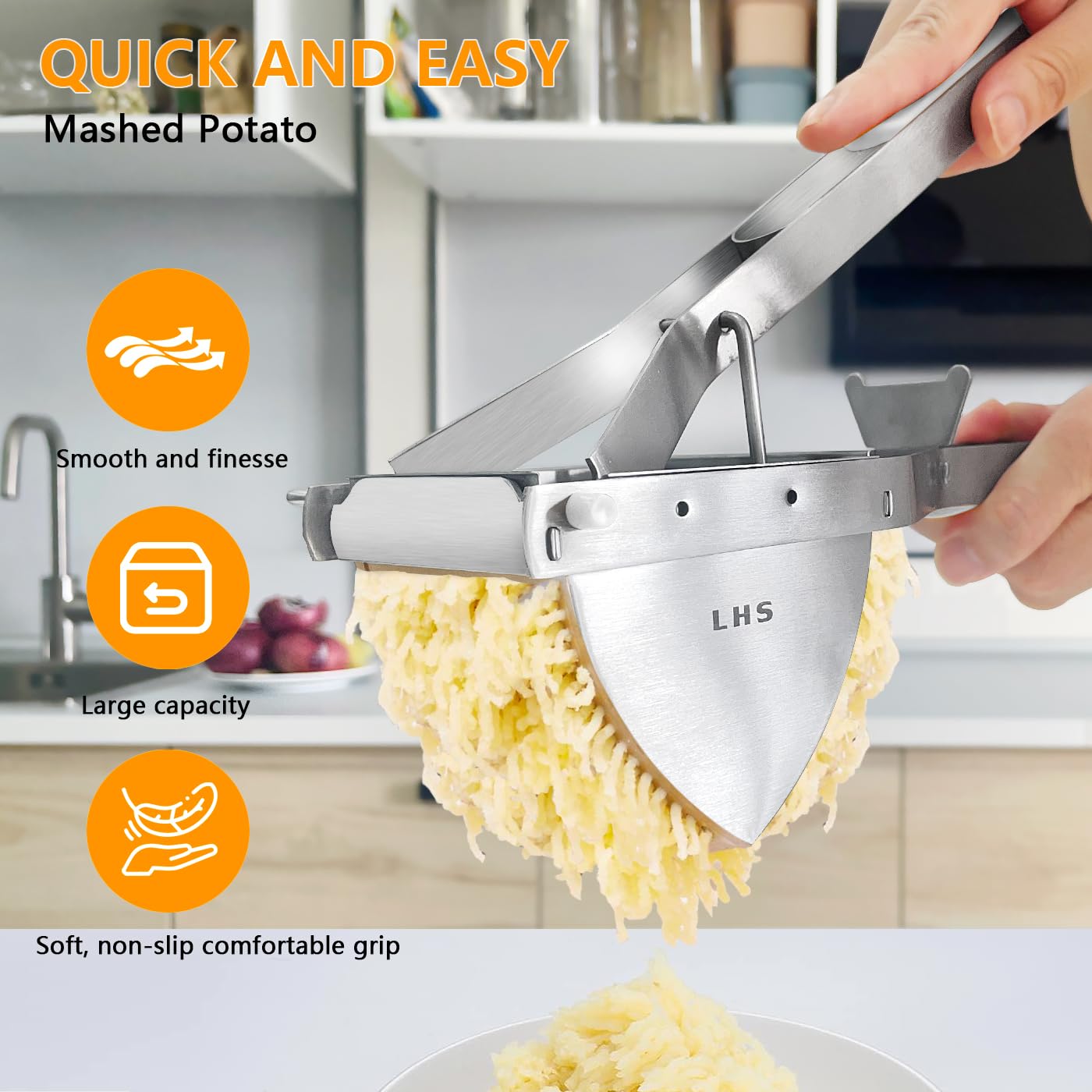 LHS Kartoffelpresse und Stampfer, robuster Edelstahl, kommerzielle Babynahrungsstampfer, Business-Kartoffelstampfer und Lebensmittelpresse mit ergonomischem Komfortgriff, Weiß