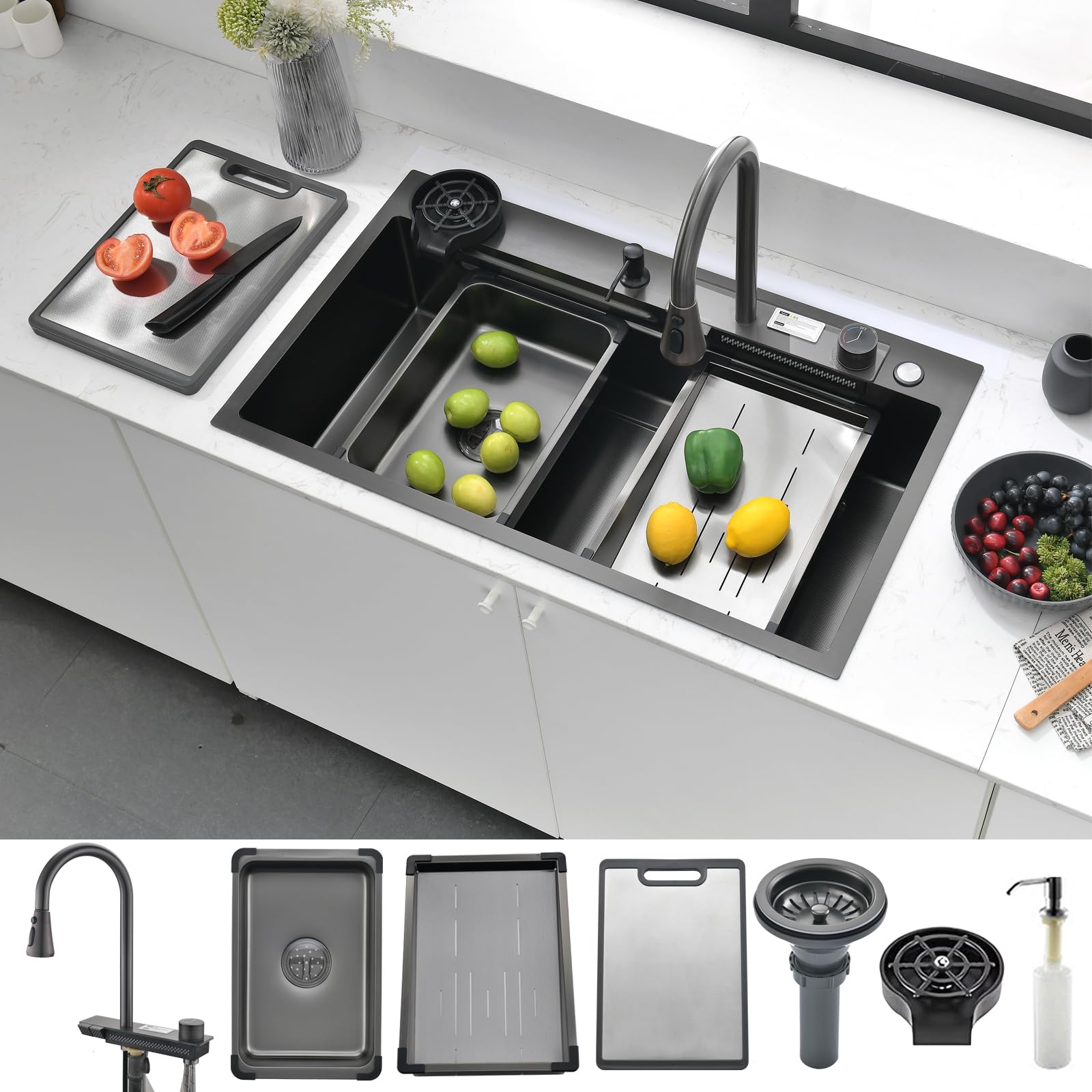 Kitchen Sink Black Modern Stainless Steel Sinks Practical Large Multifunctional Waterfall Sink with integrated faucet, cup washer, soap dispenser, drain (27 * 18in)