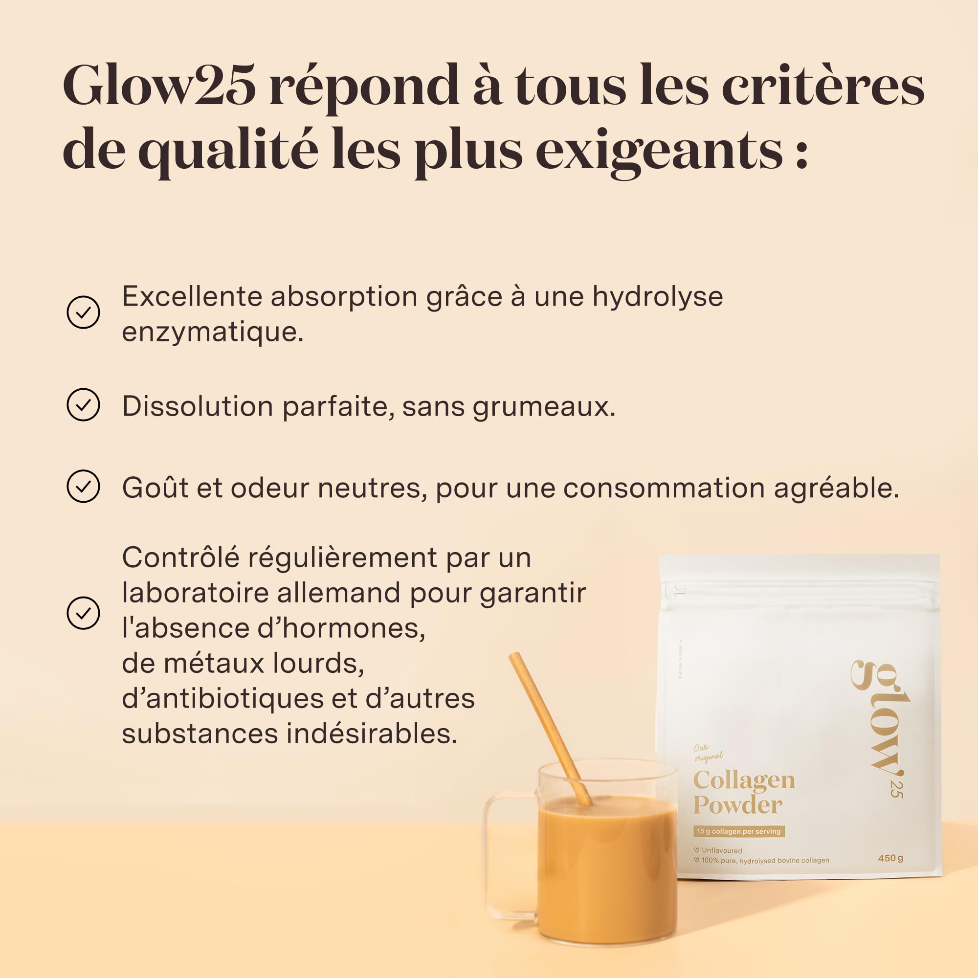 Collagene en poudre Glow25® [450g] – L'Original – Collagène premium hydrolysé pur – Peptides de type 1 et 3 – Haute Solubilité – Goût neutre – Collagène naturel – Collagen