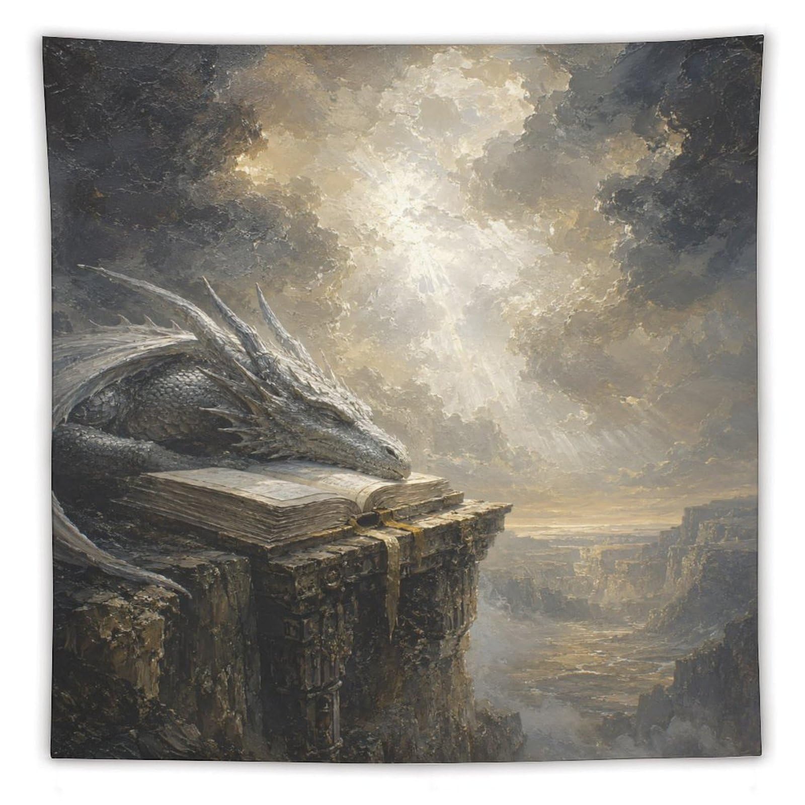 H3B8U2Y5 Dragon on Cliffside Book Wall Tapestry, Surrealist, Apartment