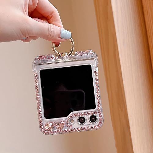 Miniatura 2 de Changjia Funda para Samsung Galaxy Z Flip 5 con purpurina y soporte para anillo de protección de bisagra, bonita y lujosa corona 3D de diamantes de