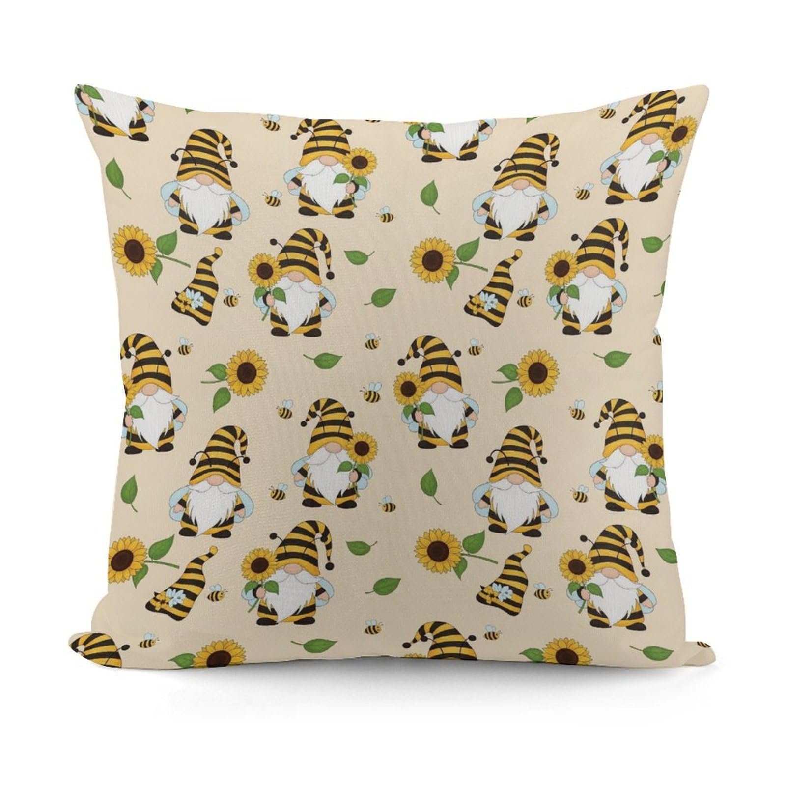 Softffy Cute Gnomes Bees Sunflowers Print Cushion Covers Comfort Plush Pillow Cover for Sofa Bedroom Pillow Shell