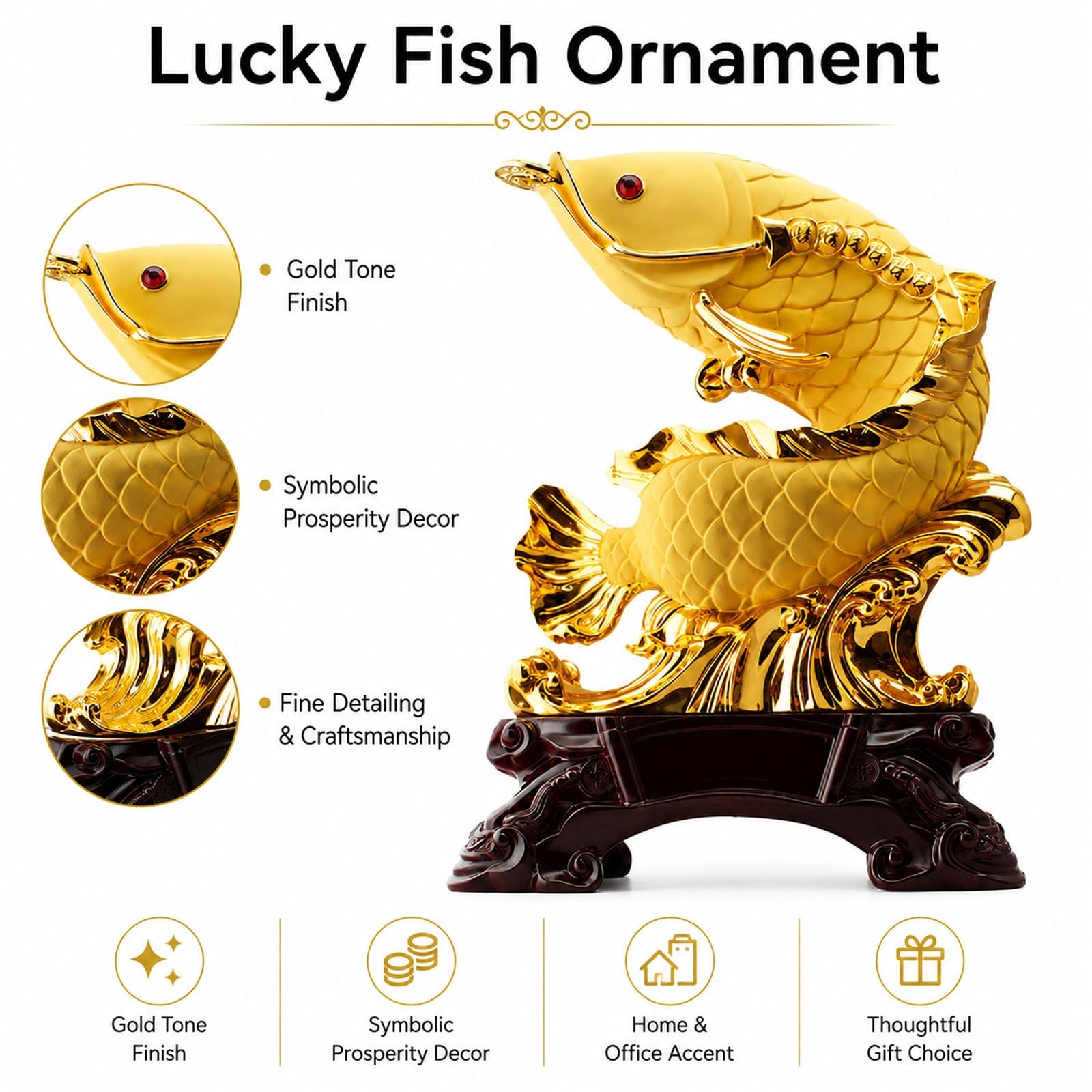 Złota figurka feng shui arowana ryba bogactwo monety, figurka z