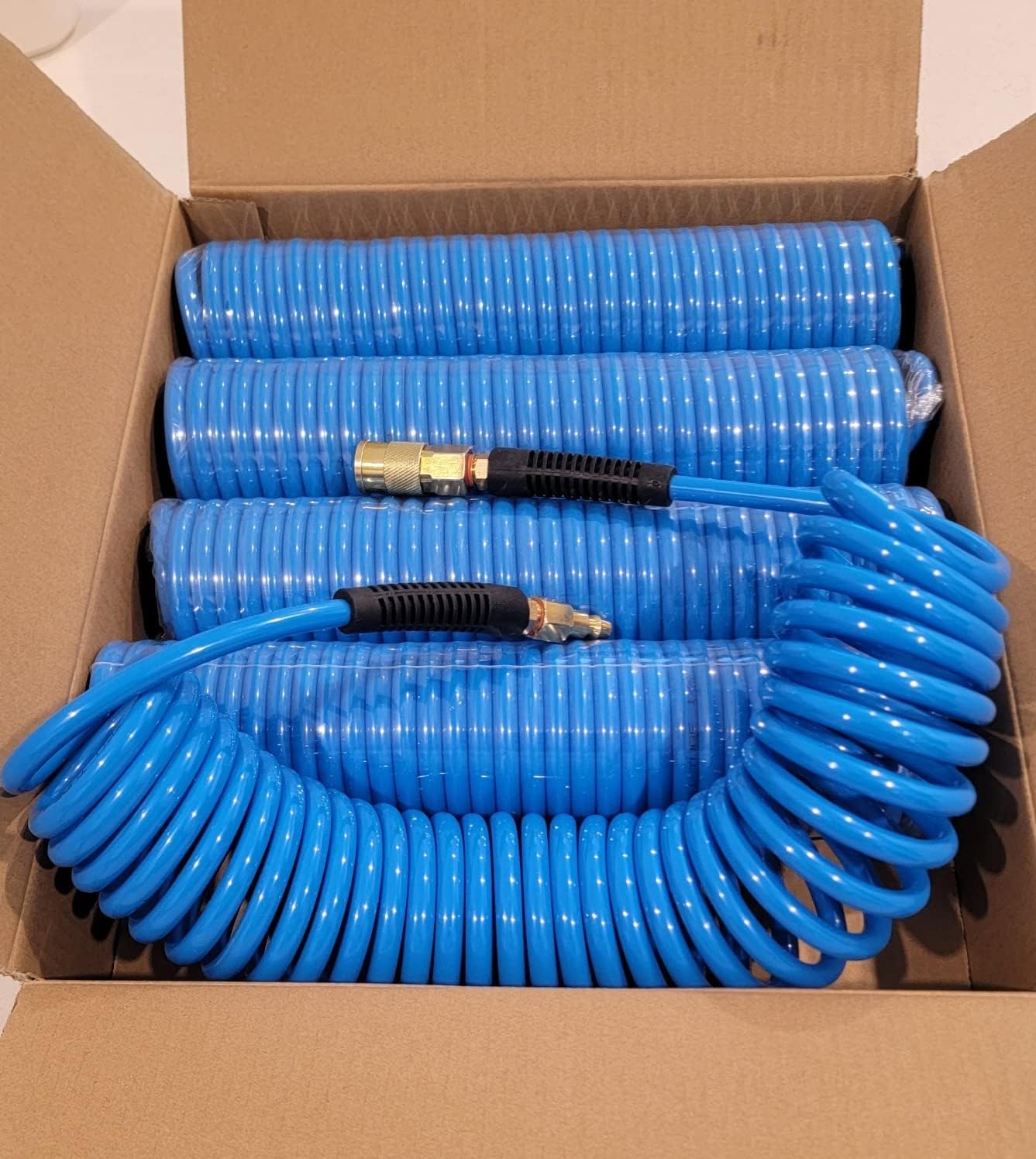 YOTOO 5 Pack Polyurethane Recoil Air Hose, Air Compressor Hose 1/4" Inner Diameter by 25' Long with Bend Restrictor, 1/4" Industrial Quick Coupler and Plug, Blue.