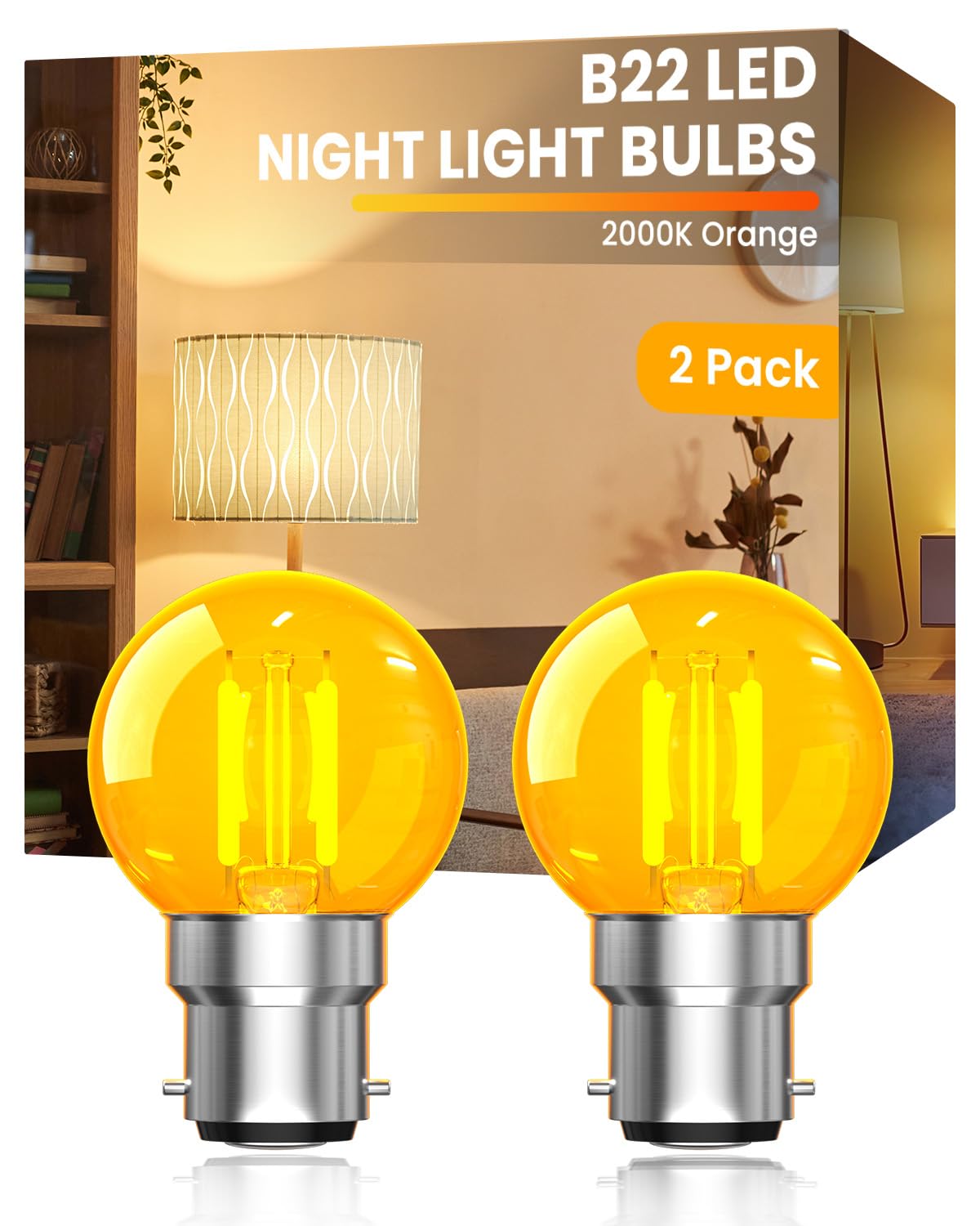 Luxvista 2W B22 Bayonet LED Night Light Bulb, G40 Vintage Orange Decorative Light Bulbs 2000K Warm Amber,Large Bayonet Low Watt Bulbs for Baby Nursery & Sleep, Non-Dimmable 2-Pack (150lm, AC220-240V) — image 1