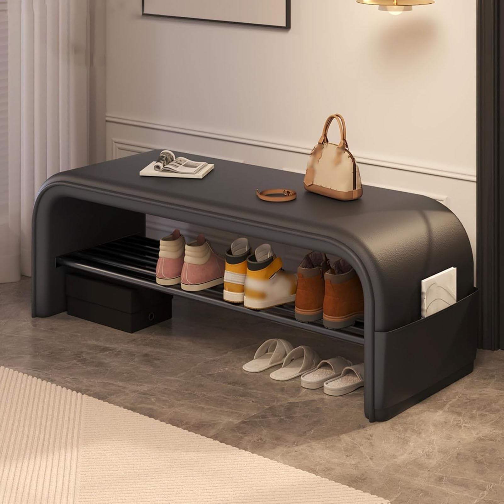 GDMDPTE Vinta White Wooden Shoe Bench with Sto Charming Entryway Fur Black Rustic Shoe Rack with Cush Slish Hallway nizer 80x35x42cm