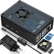 Miuzei Case for Raspberry Pi 4 with Housing Visible Acrylic Fan Cooling Aluminium Heatsink 5V 3A USB-C On/Off Switch 15W Power Supply Pi 4b Case Compatible with Pi 4 Model B 8GB/4GB/2GB Black