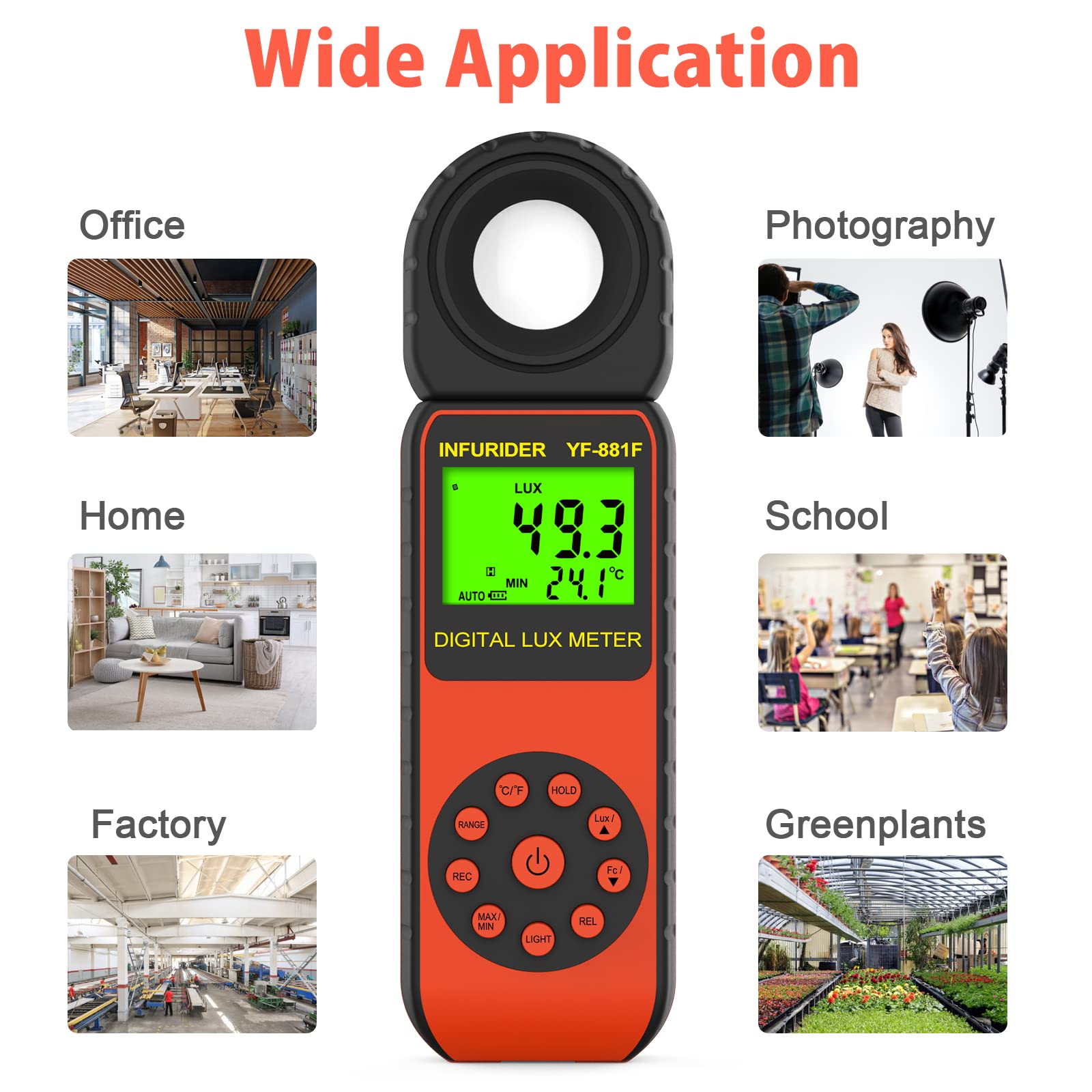 Luxmètre Numérique Luminomètre，INFURIDER YF-881F Luxmetre avec 0.01-400,000Lux，Photomètre avec Détecteur Rotatif à 270° pour Eclairage LED, Plantes, Photographie