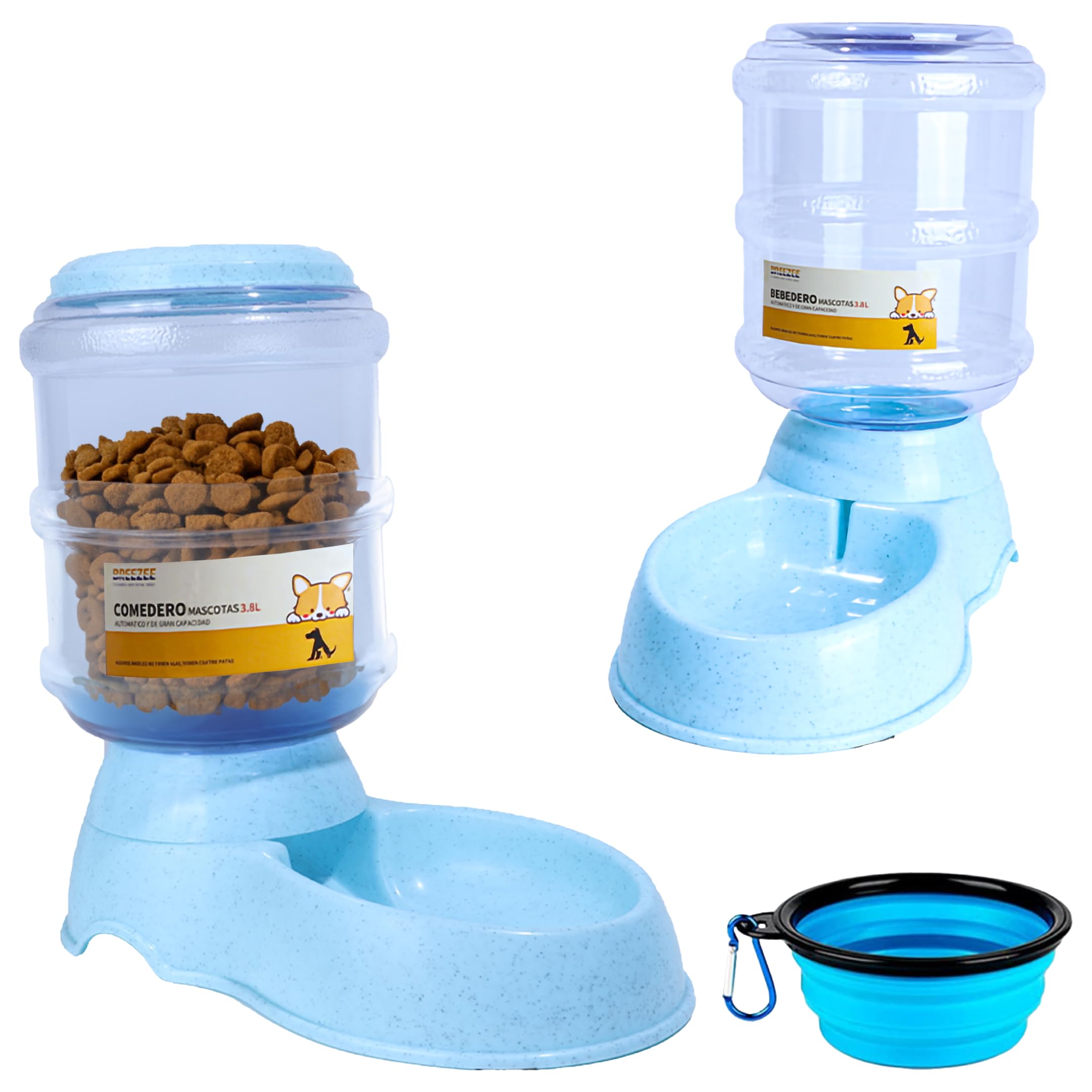 BREEZEE Alimentador Set Bebedero y Comedero Automático para Perros, Gatos y Otras Mascotas, 2 en 1 Dispensador de Agua y Dosificador de Alimento Croquetas Contenedor Dosificador Libre BPA Mascota
