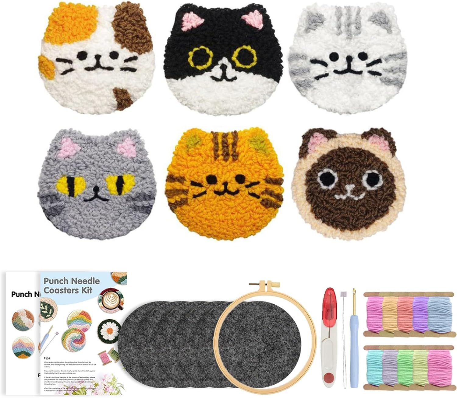 HGUANGJ Punch Needle Coasters Kit, Easy Punch Needle Kit for Beginners Adults, Cat Coasters Kit with Adhesive Felt, Hoop, Yarn,Threader