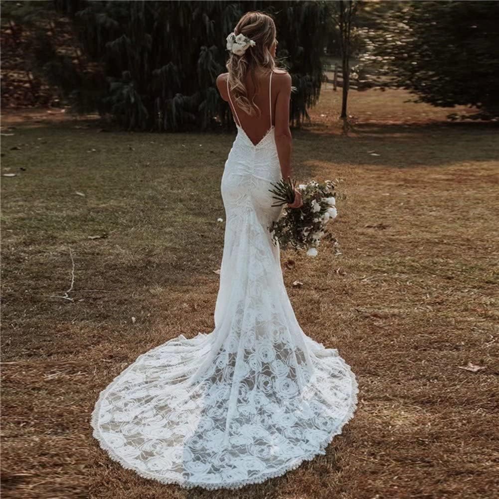 YIANN Vestido de novia con tirantes delgados y cuello en V para novia, vestido de novia de encaje bohemio con cola