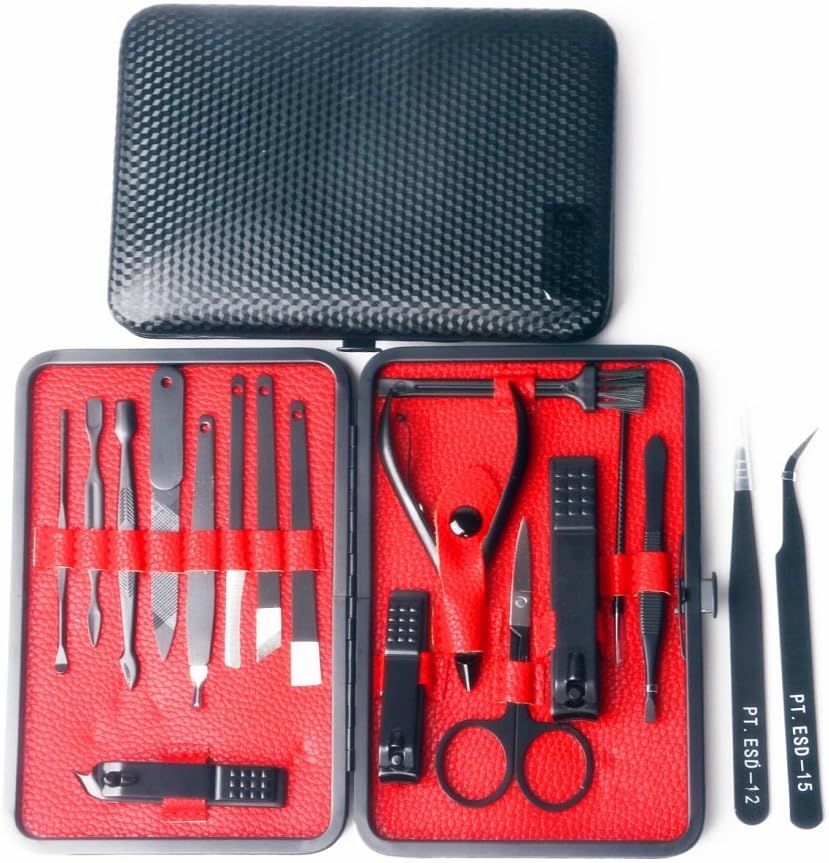 Manicure Pedicure Nail Clippers Set - 18 In 1 Red/Black Professional Stainless Steel Pedicure Kit Nail Scissors Grooming Kit with Luxurious Leather Case Tools Gift (Upgraded)