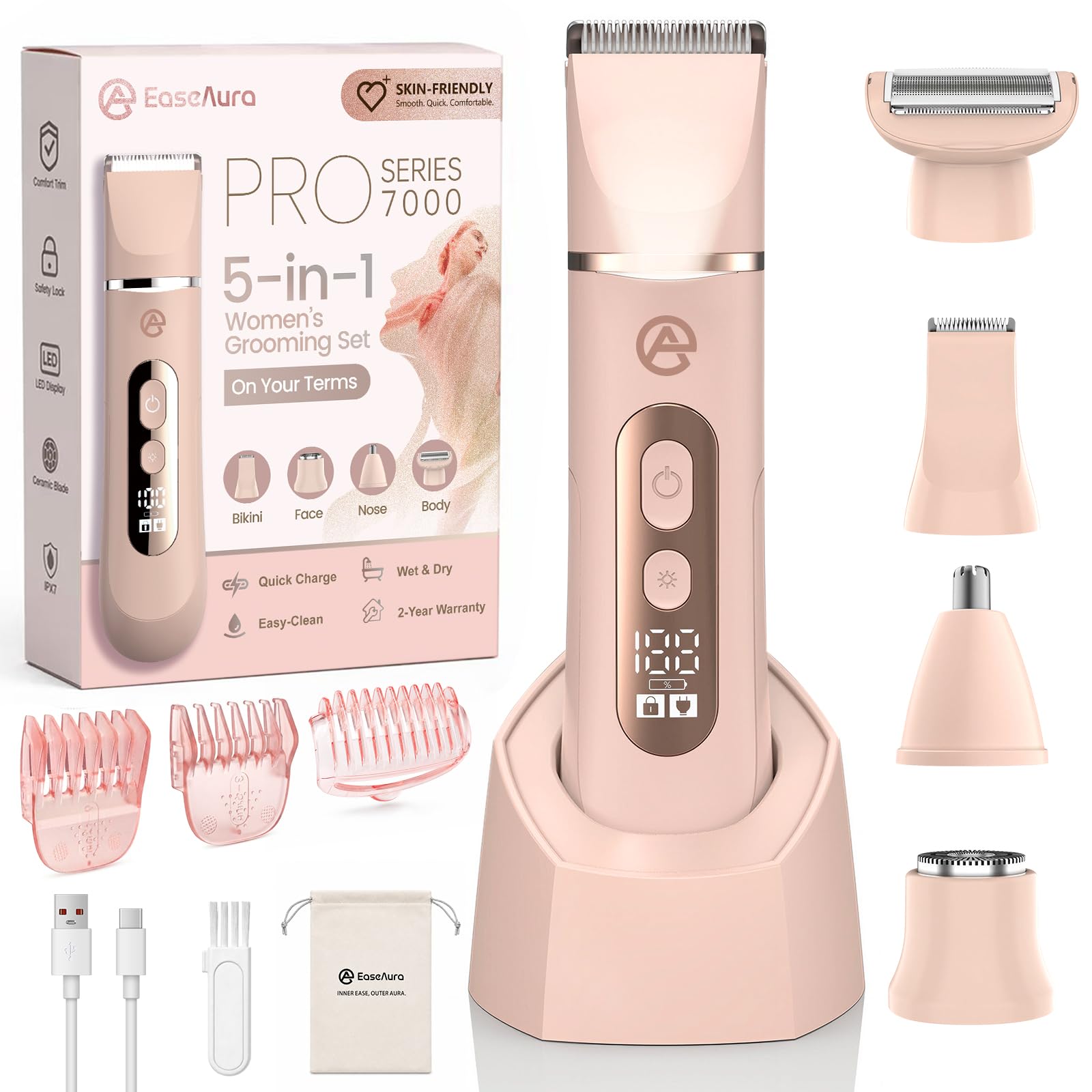 Depiladora Íntima Mujer 5 en 1, Afeitadora Eléctrica Facial | IPX7 Uso En Seco Y Mojado, USB-C, 90 Min, Cuchilla Cerámica, Cabezales Lavables, Piel Sensible, Cara, Axilas, Nariz Y Oídos