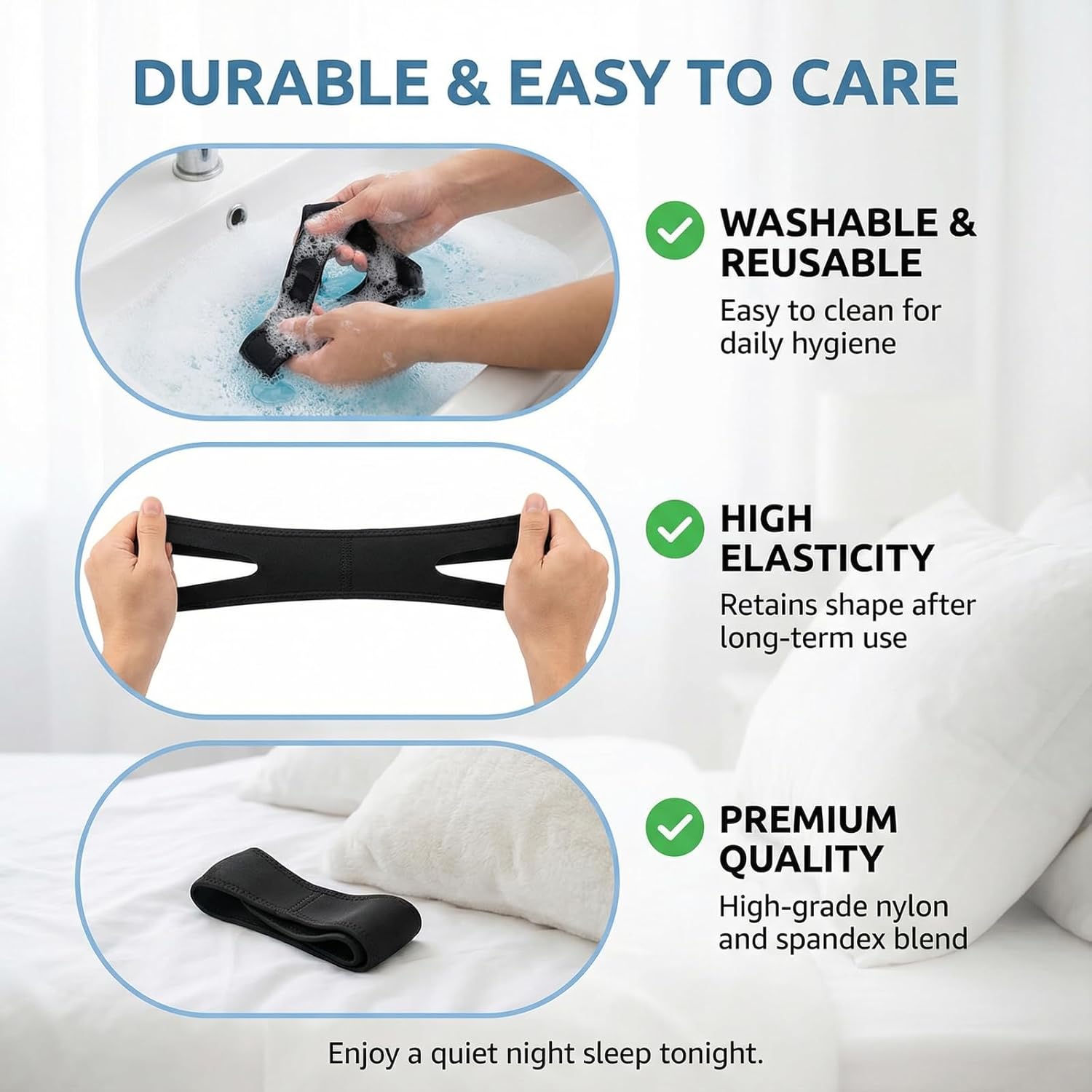 Anti Snore Chin Strap for Sleeping Compatible with CPAP, Double Fastener Non-Slip Chin Band for Men and Women, Breathable Adjustable Jaw Support for Mouth Breathers, Side Exposed Ear Design - Image 4